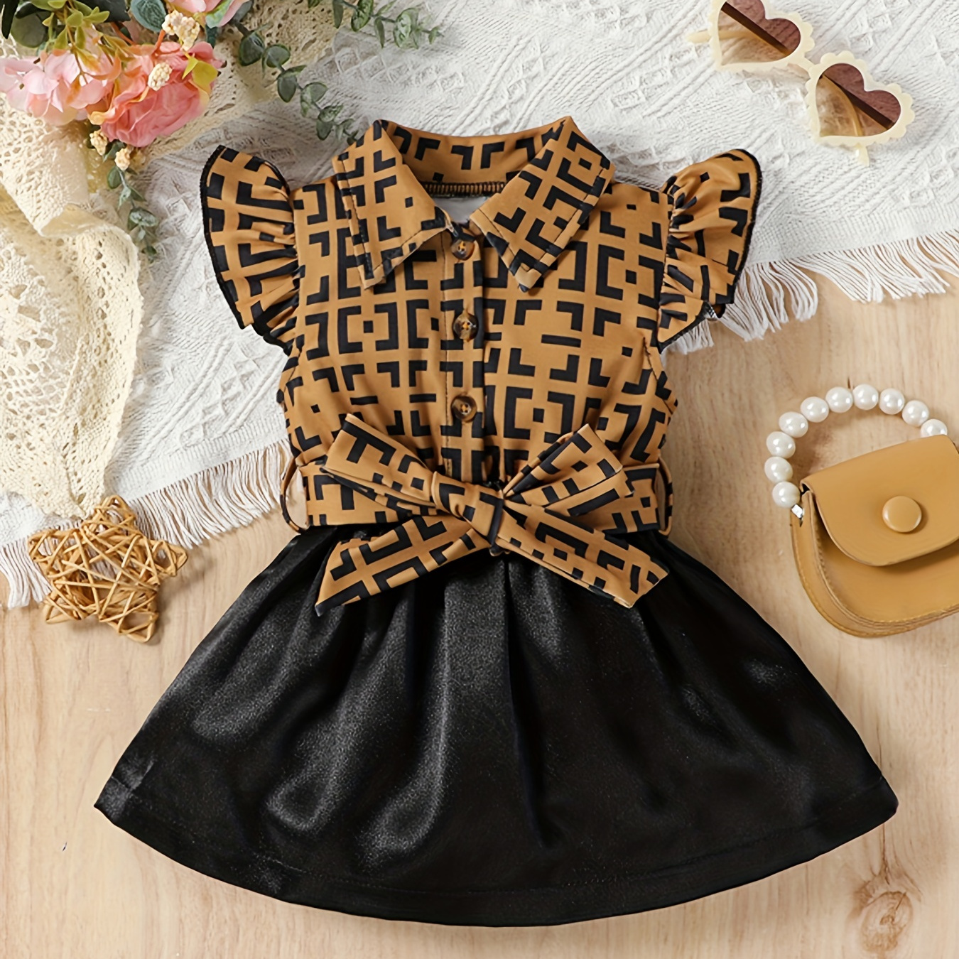 

Baby Girls Casual Geometric Graphic Print Belted Shirt Dress Clothes For Summer