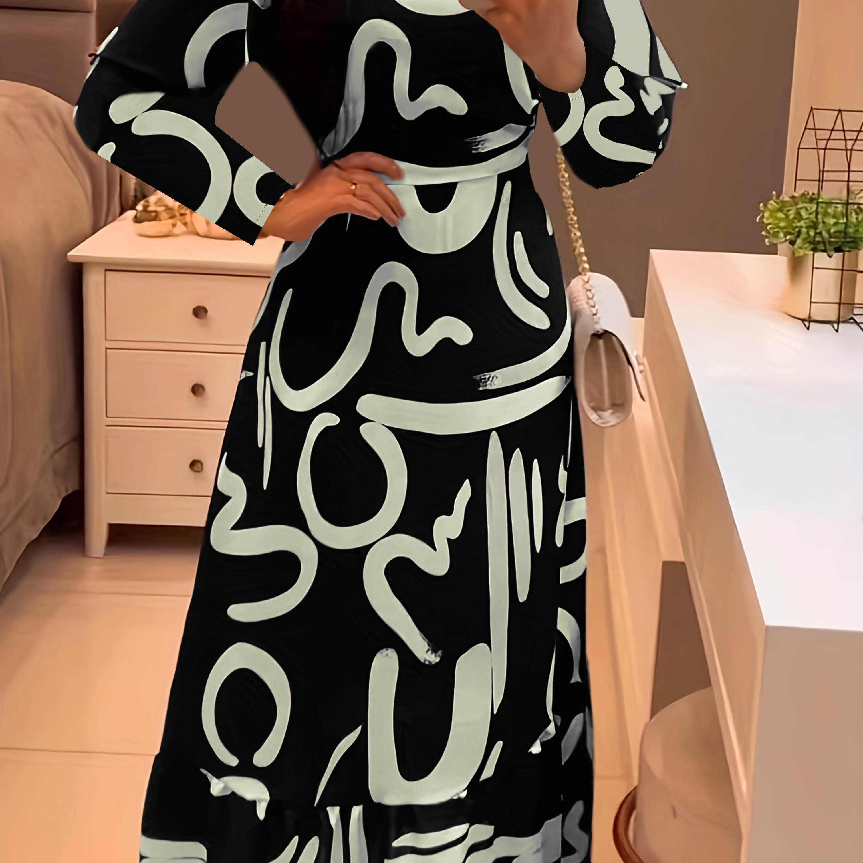 

Abstract Print Crew Neck Aline Dress, Elegant Long Sleeve Dress For Spring & Fall, Women's Clothing