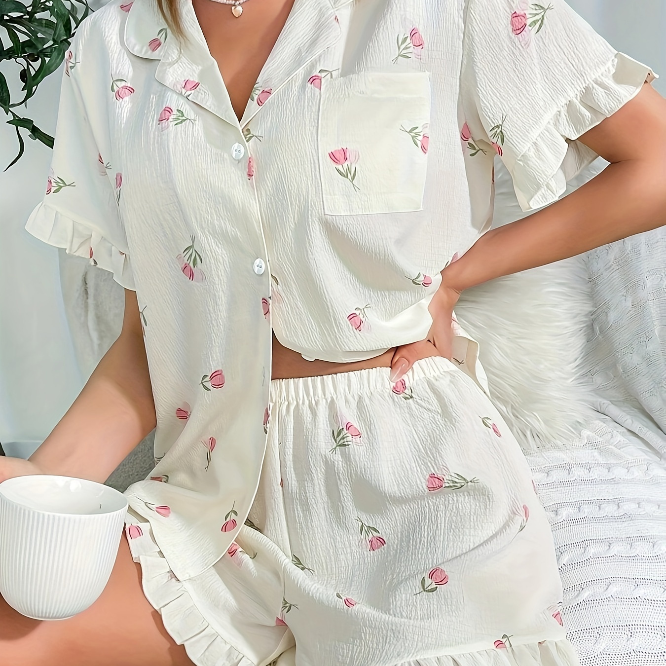 

Floral Print Textured Pajama Set, Elegant Ruffle Hem Short Sleeve Buttons Lapel Top & Elastic Shorts, Women's Sleepwear