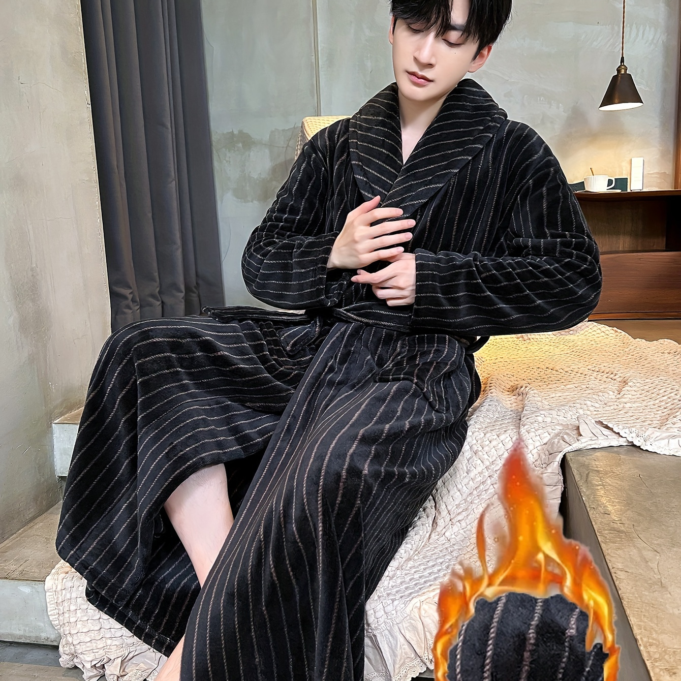 

Striped Bathrobe, , V-, Long Sleeve, Straight , Non-stretch, - And