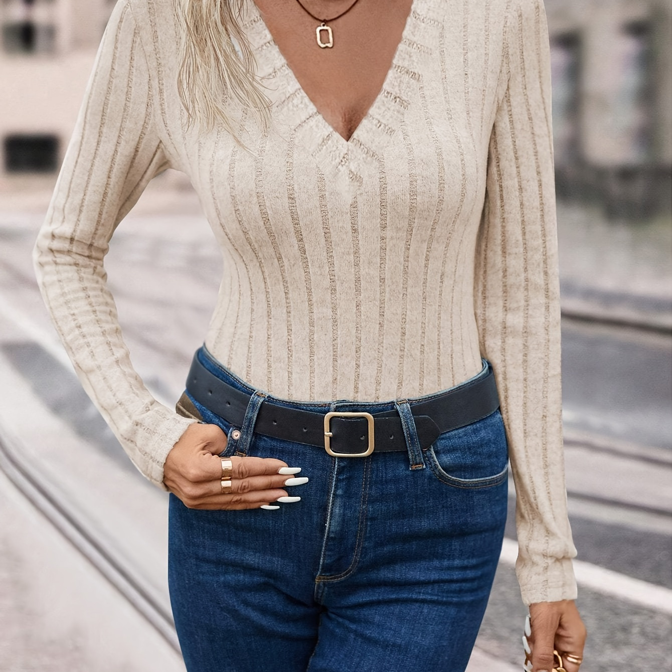 

Solid Color Ribbed Long Sleeve T-shirt, Casual V Neck Top For Spring & Fall, Women's Clothing