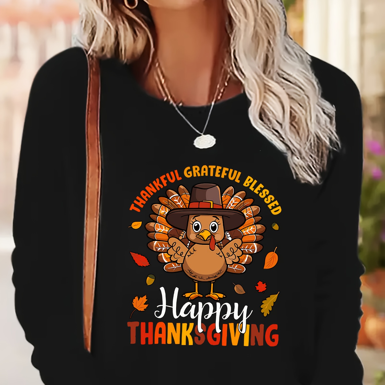 

Thanksgiving Turkey Graphic Applique Long Sleeve Crew Neck T-shirt, 100% Polyester Knit Fabric Tee With Lettering For All