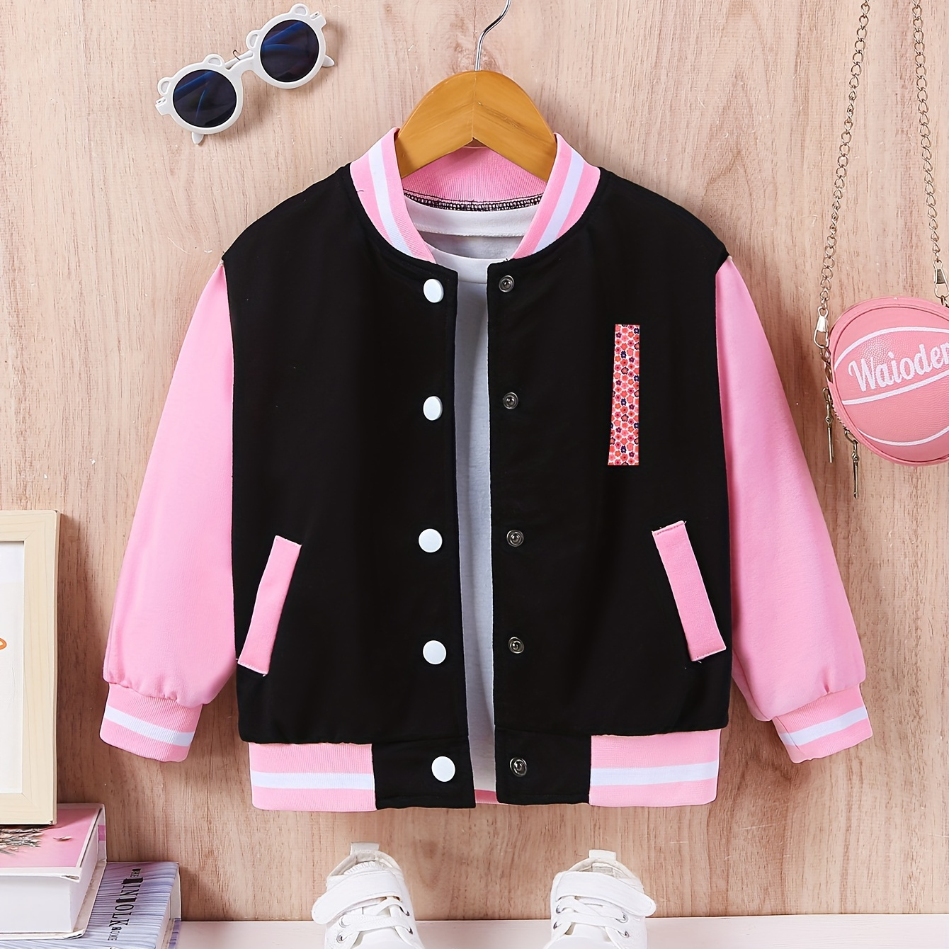 

Girls (1-13y) Trendy Alphabet 'i' Graphic Varsity Jacket, Band Collar Color Block Sporty Uniform Bomber Jackets