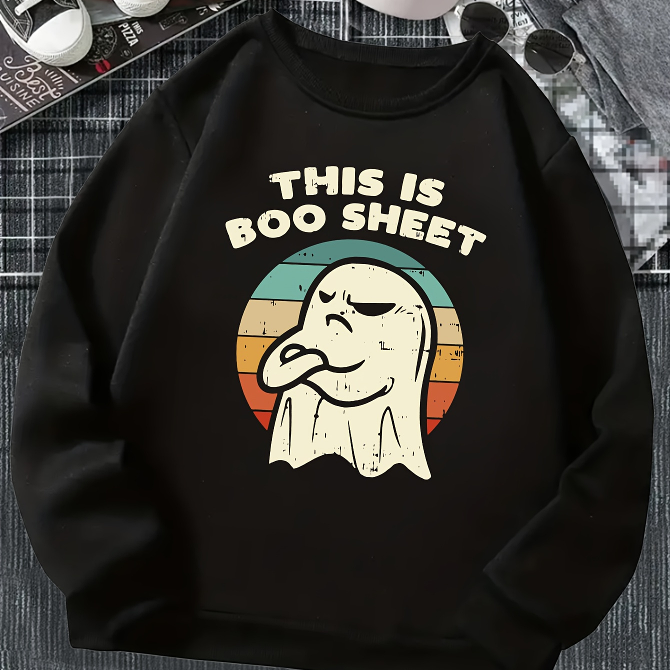 

''this Is Boo Sheet'' Print Men's Graphic Round Neck Sweatshirt, Loose Trendy Pullover, Men's Clothing For Autumn Winter