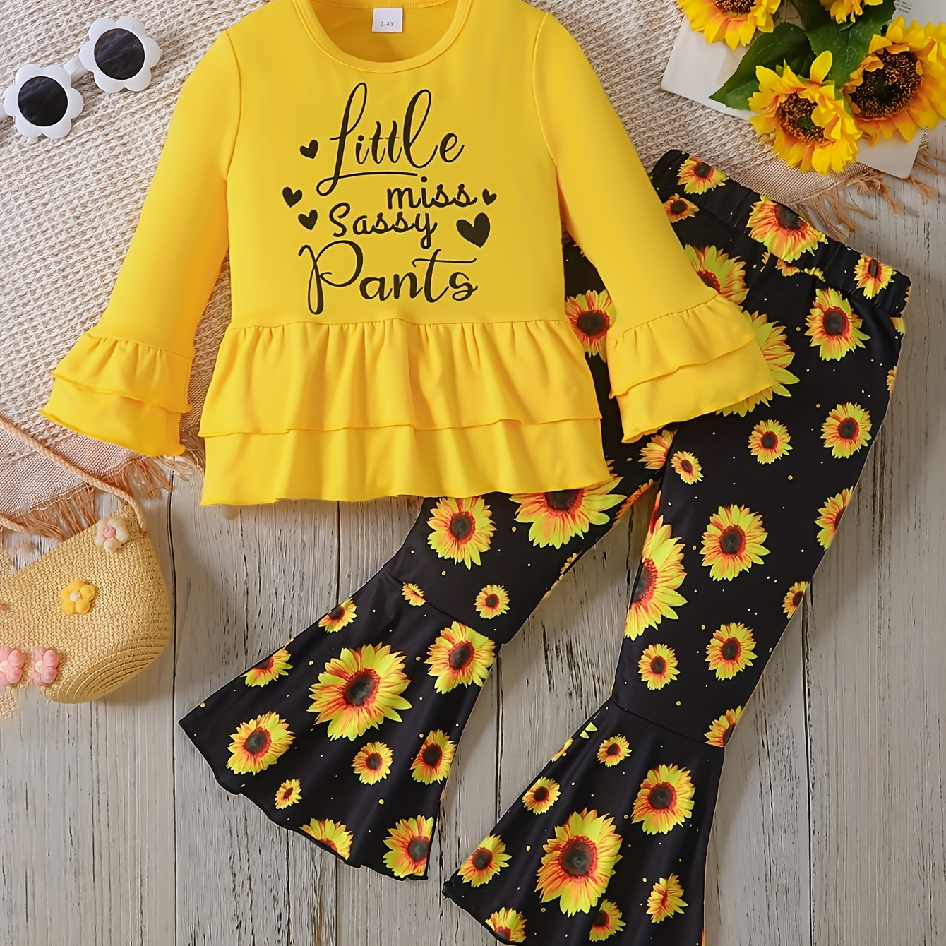 

Girl's Cartoon Sunflower Pattern 2pcs, Long Sleeve Top & Flared Pants Set, Little Miss Sassy Pants Print Ruffle Decor Casual Outfits, Kids Clothes For Spring Fall