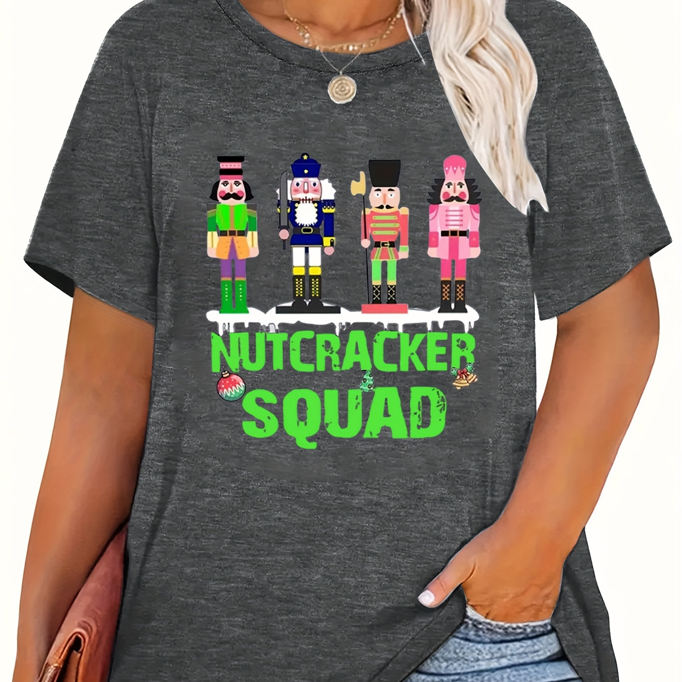 

Plus-size Nautcracker Squad Crew Neck T-shirt For Women - Geometric Pattern, Knit Fabric, Polyester, Casual Vacation Style, All-season Comfort