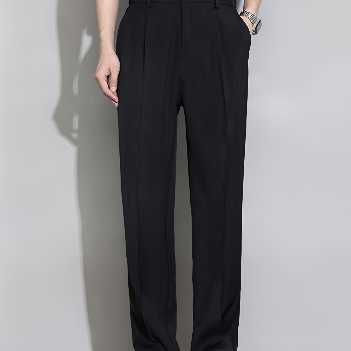 

Summer Men's Casual Straight-leg Suit Pants - 100% Polyester, Non-stretch Woven Fabric, Solid With Pockets, Regular