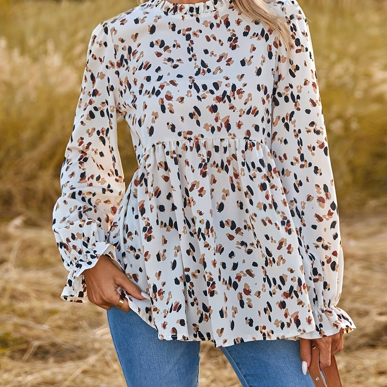 

Leopard Print Ruffle Crew Neck Flare Blouse, Casual Long Bell Sleeve Top For Spring & Fall, Women's Clothing