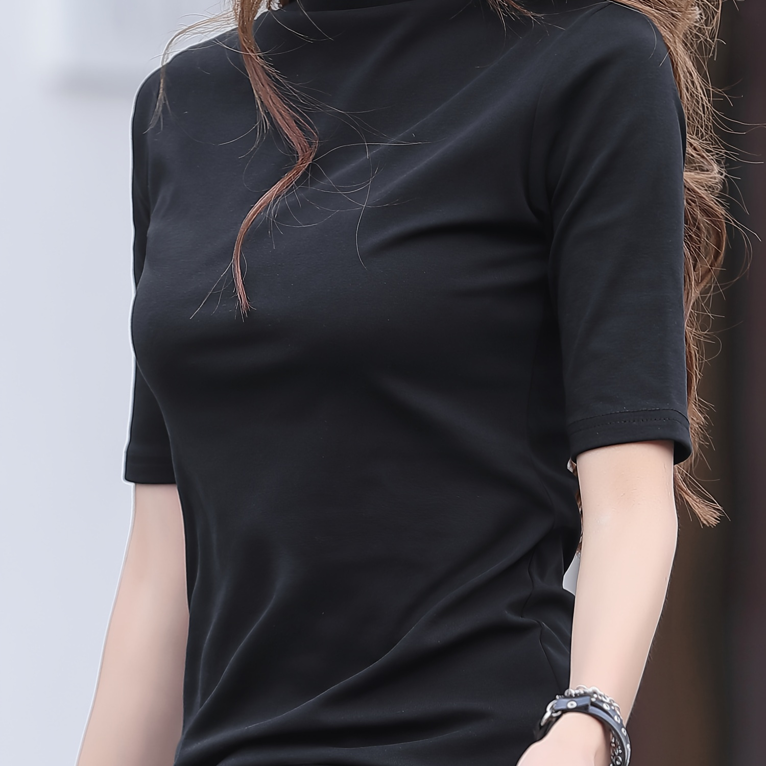 

Solid Color Mock Neck T-shirt, Casual Short Sleeve T-shirt For Spring & Summer, Women's Clothing