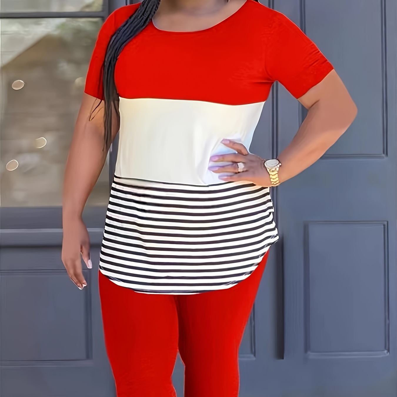 

Plus Size Stripe Print Colorblock Two-piece Set, Crew Neck Short Sleeve Top & Skinny Pants Outfits, Women's Plus Size Clothing