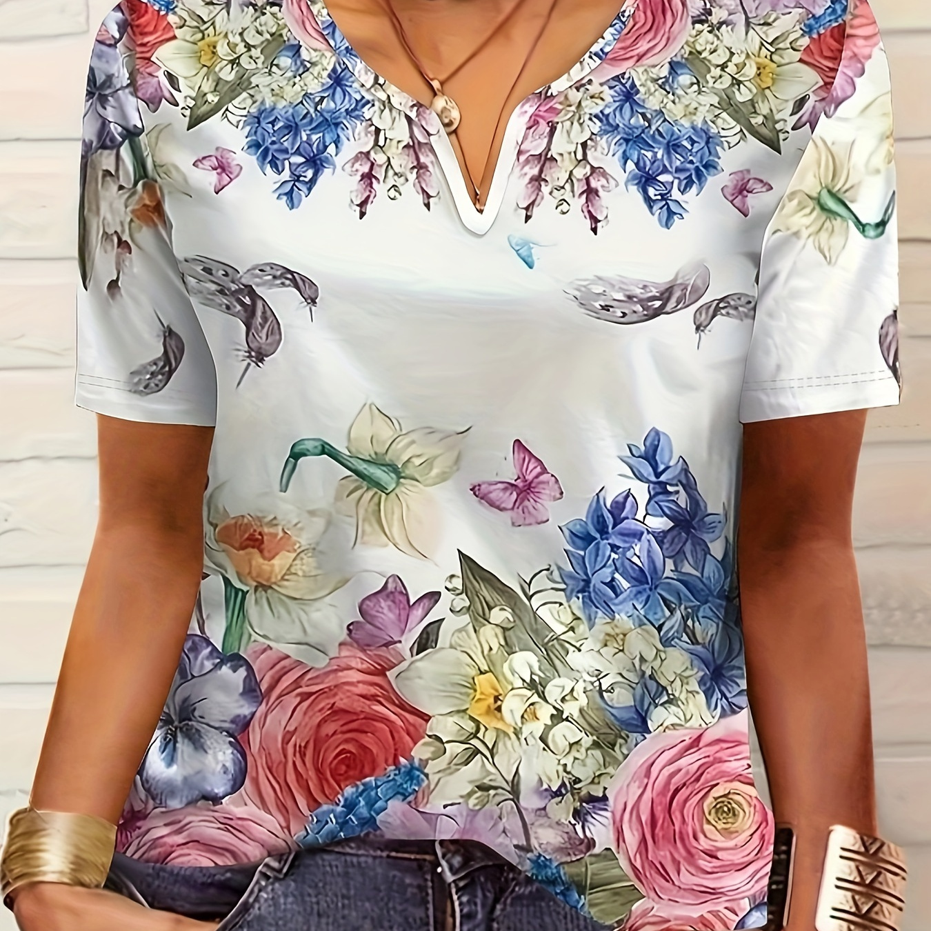 

Floral Print Notched Neck T-shirt, Casual Short Sleeve T-shirt For , Women's Clothing