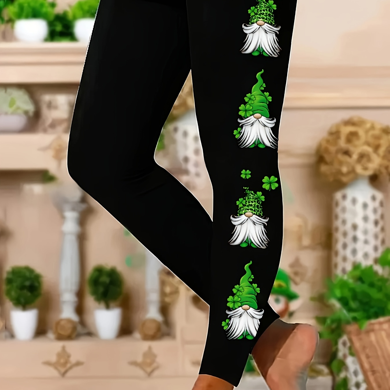 

1pc Elegant Women's Plus Size High Stretch Skinny Leggings With 's Day Dwarf Clover Print, Polyester 95% Elastane 5%, Knit Fabric, Pattern