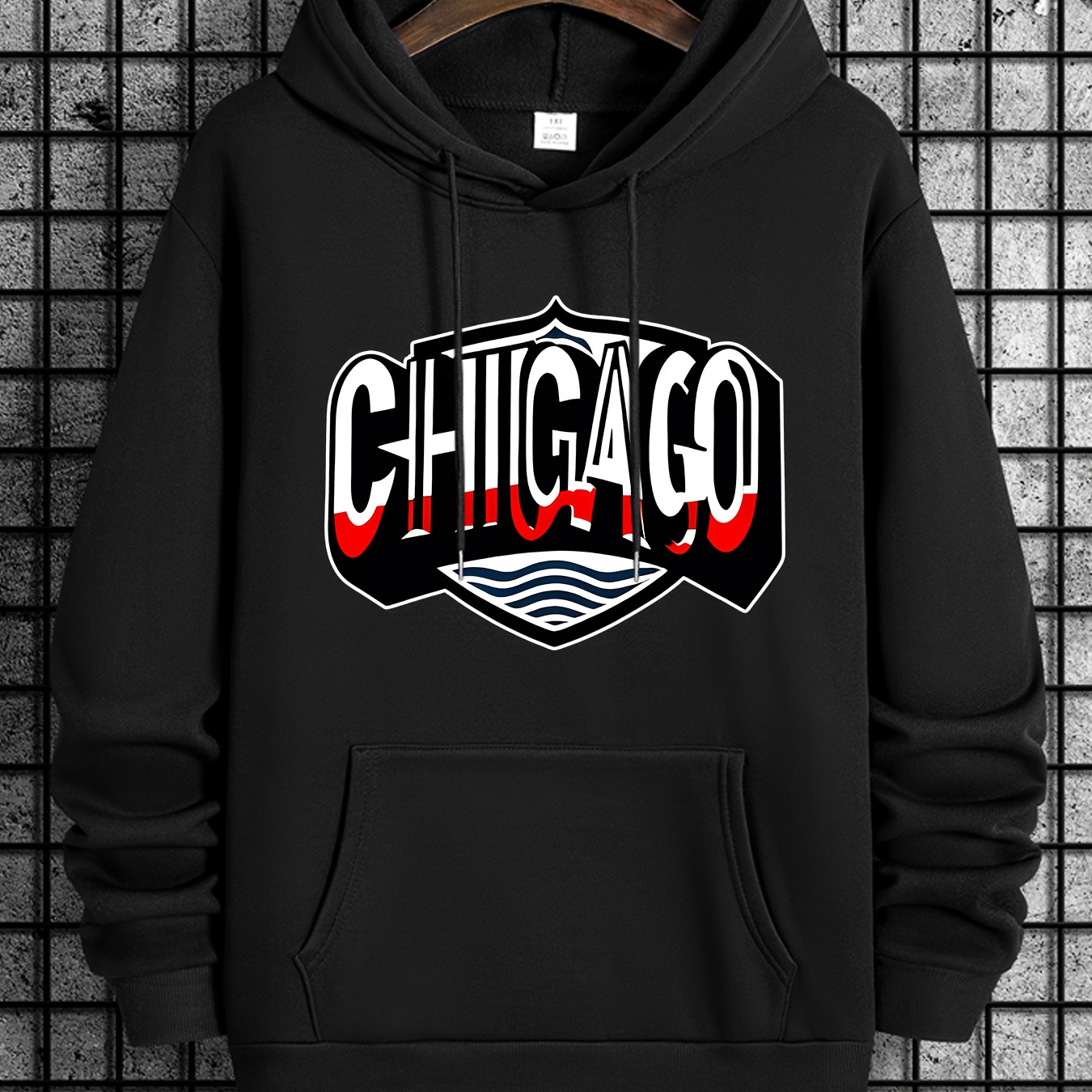 

Plus Size Men's Fashionable Hoodie With Chicago Print, Casual Style Pullover Sweatshirt