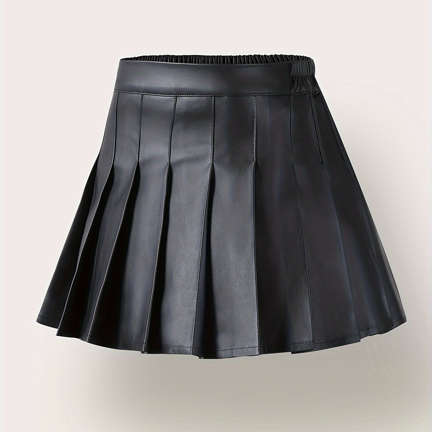 

Girl's Solid Pu Leather Skirt Fashion High Waist Pleated Skirt With Safety Shorts Lining, Party Gift, K-pop