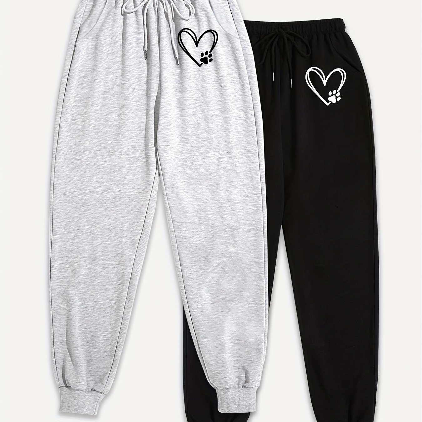 2 Pack Plus Size Sports Pants, Women's Plus Heart Print Elastic Drawstring Joggers 2 Pcs Set