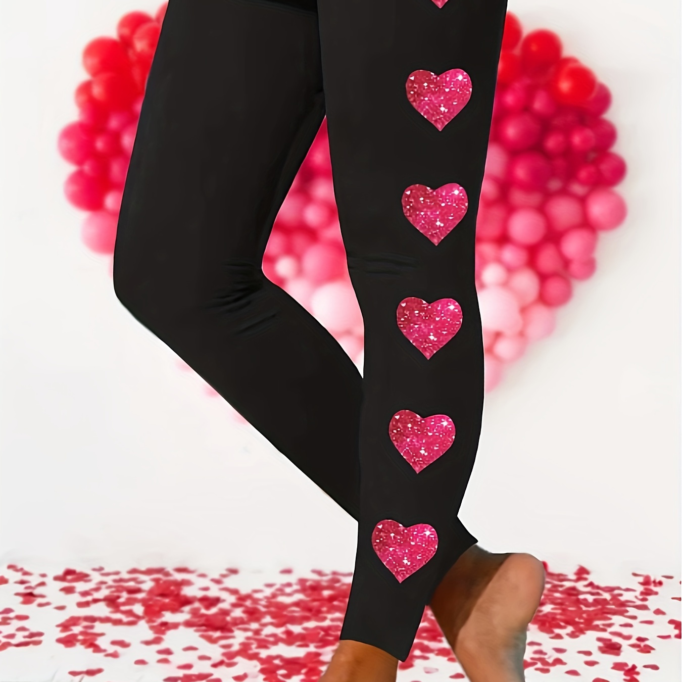 

Plus Size Heart Print Skinny Leggings, Casual Every Day Stretchy Leggings, Women's Plus Size Clothing