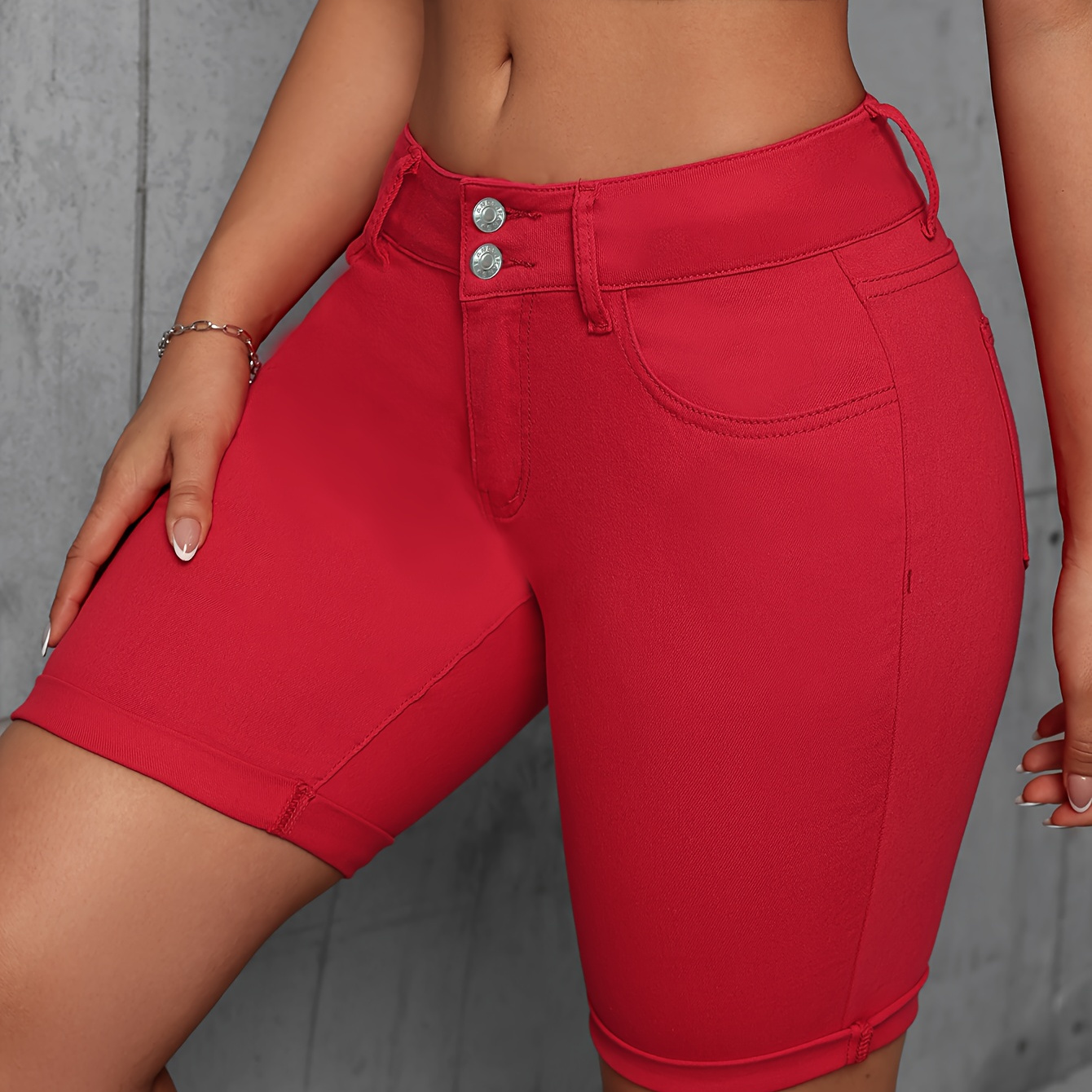 

Women's Elegant Red Stretchy Bermuda Cuffed Shorts, Plain Comfort Fit, Knee-length Jorts, Fashion Casual Summer Wear