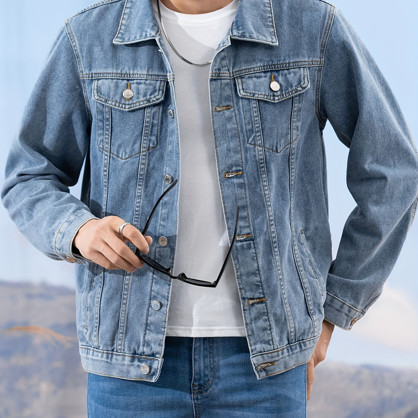 

fr: Veste en jean décontractée et tendance pour homme, manteau en jean coupe décontractée avec poches, convient et à