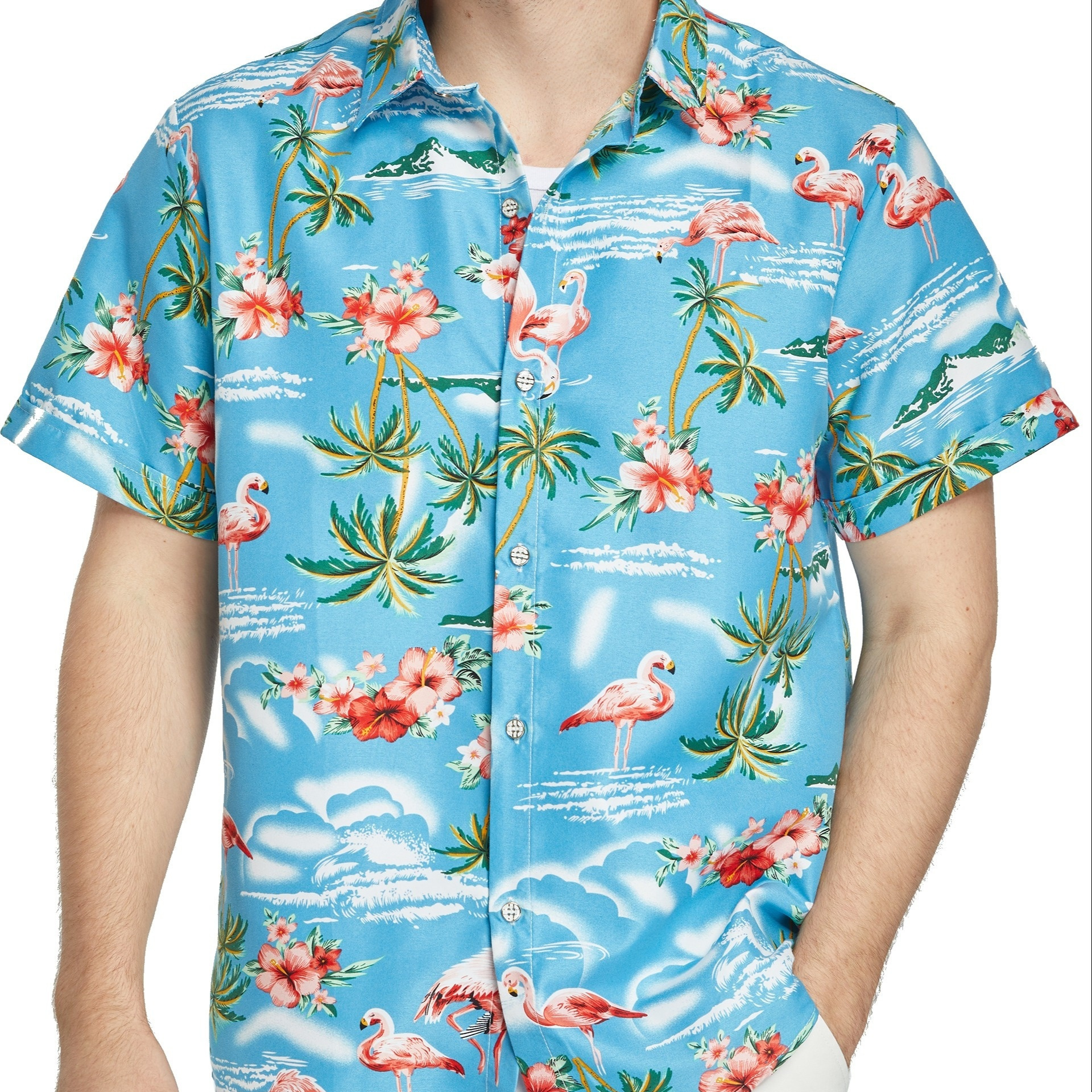 

Mens Tropical Hawaiian Shirt - Flamingos Print - Casual Short Sleeve Button Down Shirts- Beach & Summer