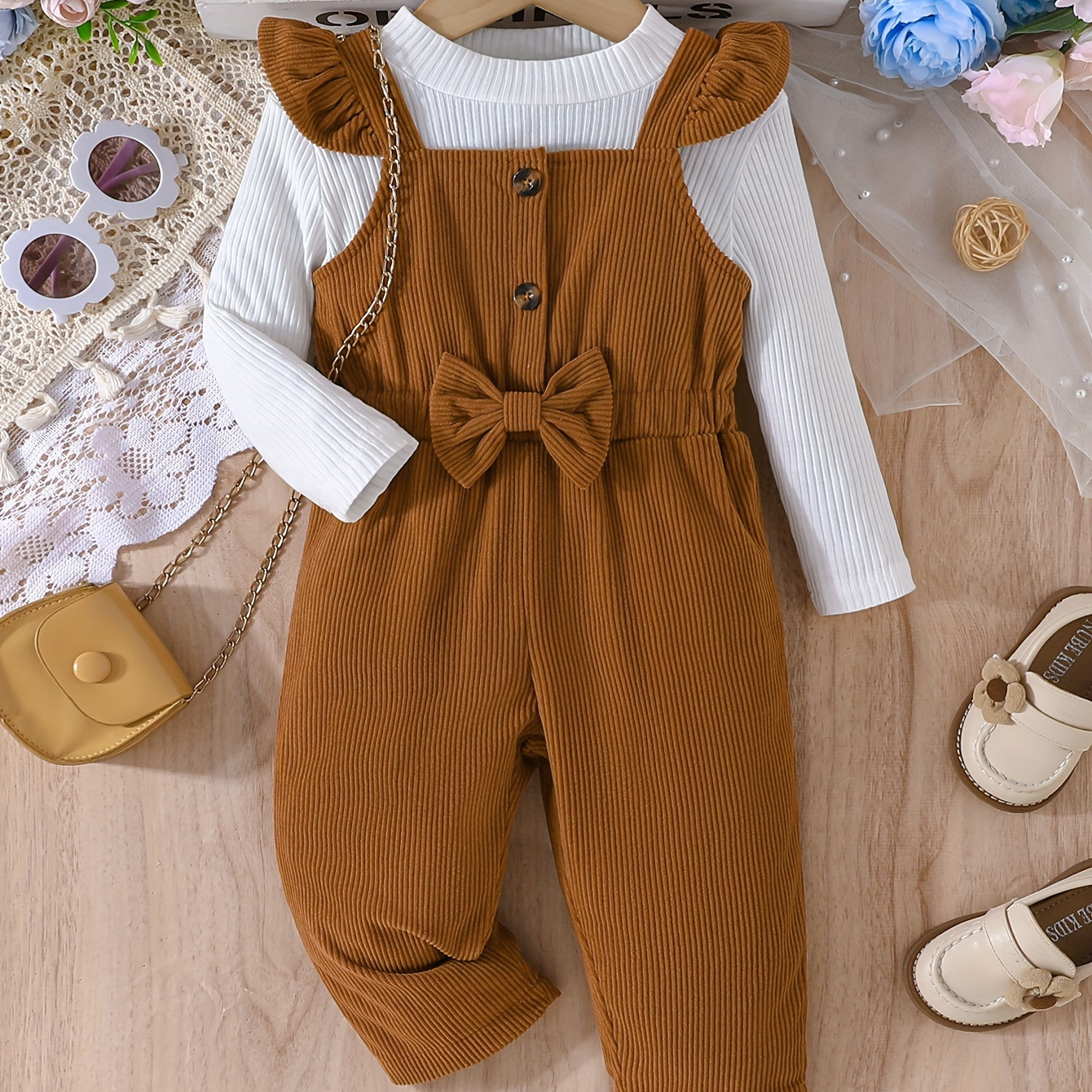 

2pcs 's Ribbed Long Top + Bow Decor Overalls, Toddler & Infant Girl's Set,