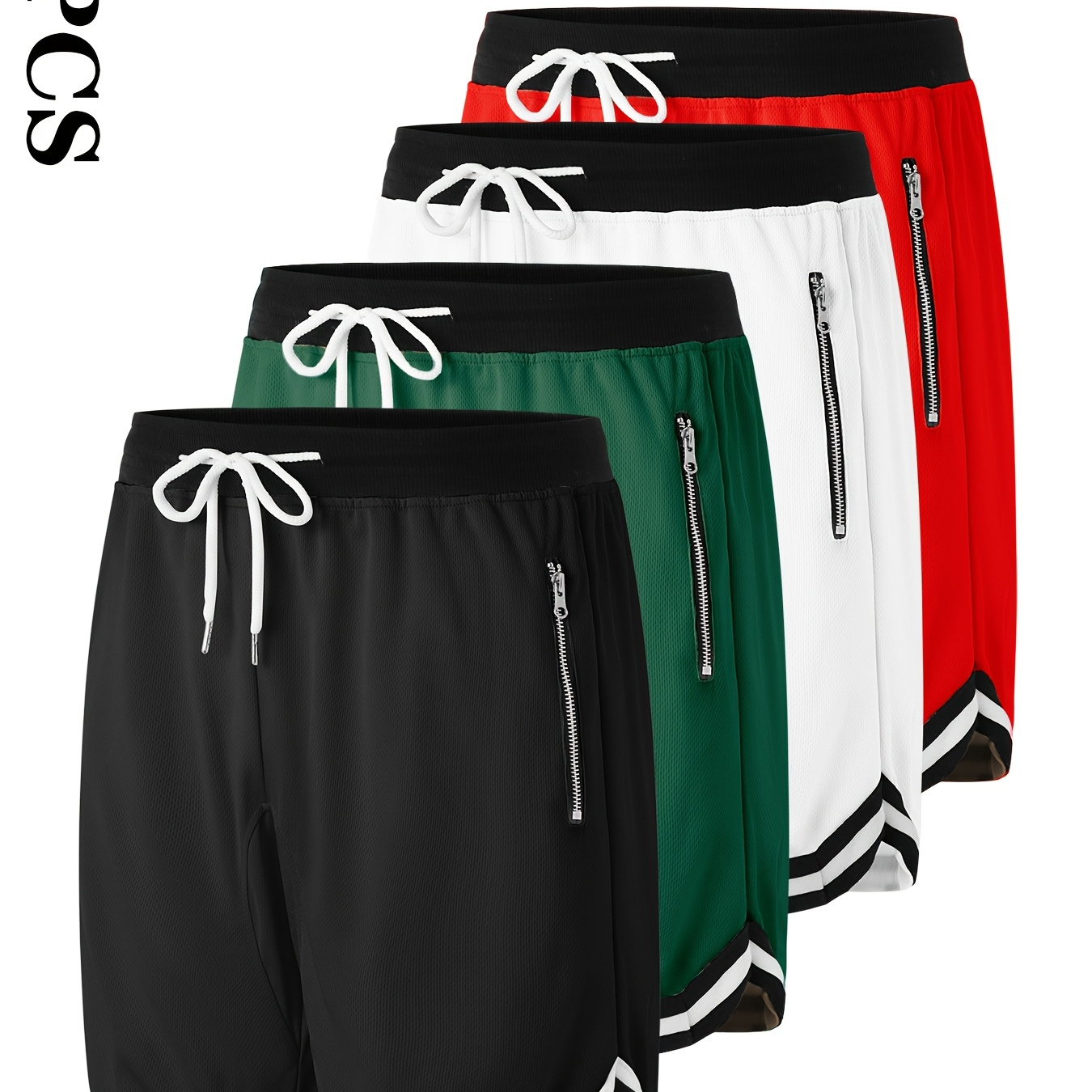 

4pcs Men's Casual Athletic Shorts With Zipper Pockets - Breathable Polyester, Waistband, Basketball & Sports Wear, Machine Washable