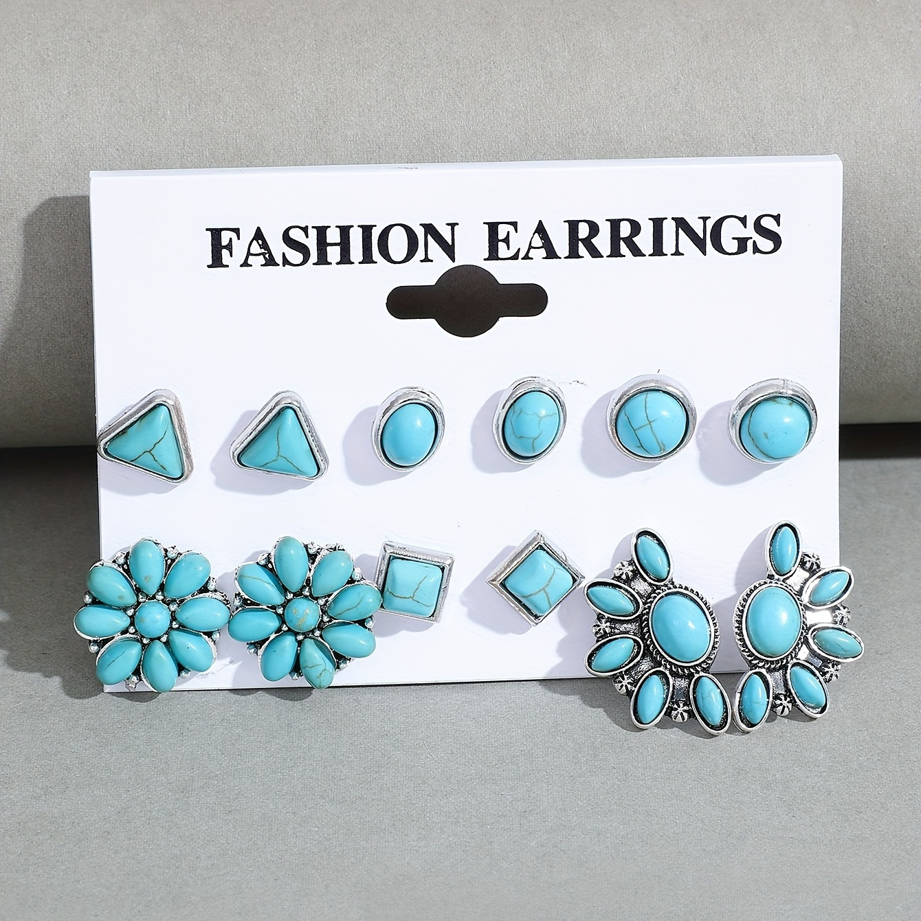 

Bohemian Vintage Flower Geometric Shaped Turquoise Stud Earrings Set