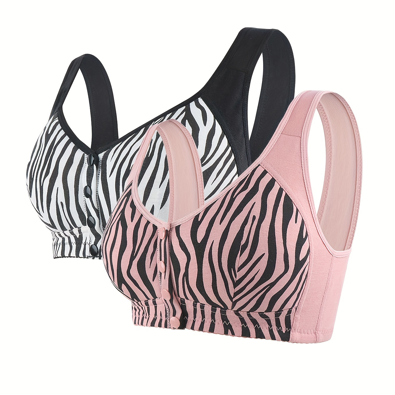 

2 Pack Plus Size Elegant Bra Set, Women's Plus Zebra Print Button Front High Stretch Wireless Bralette 2 Piece Set