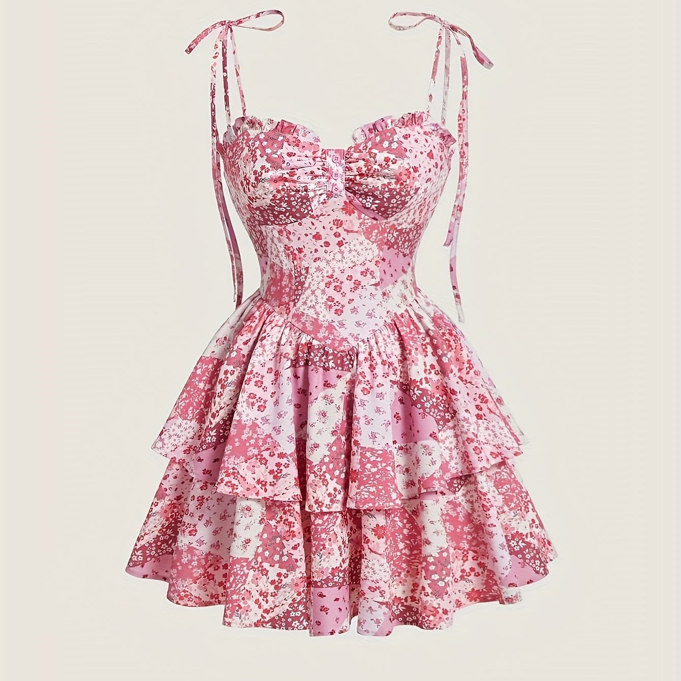 

Floral Print Tie Shoulder Dress, Sweet Sleeveless Layered Hem Mini Dress For Spring & Summer, Women's Clothing