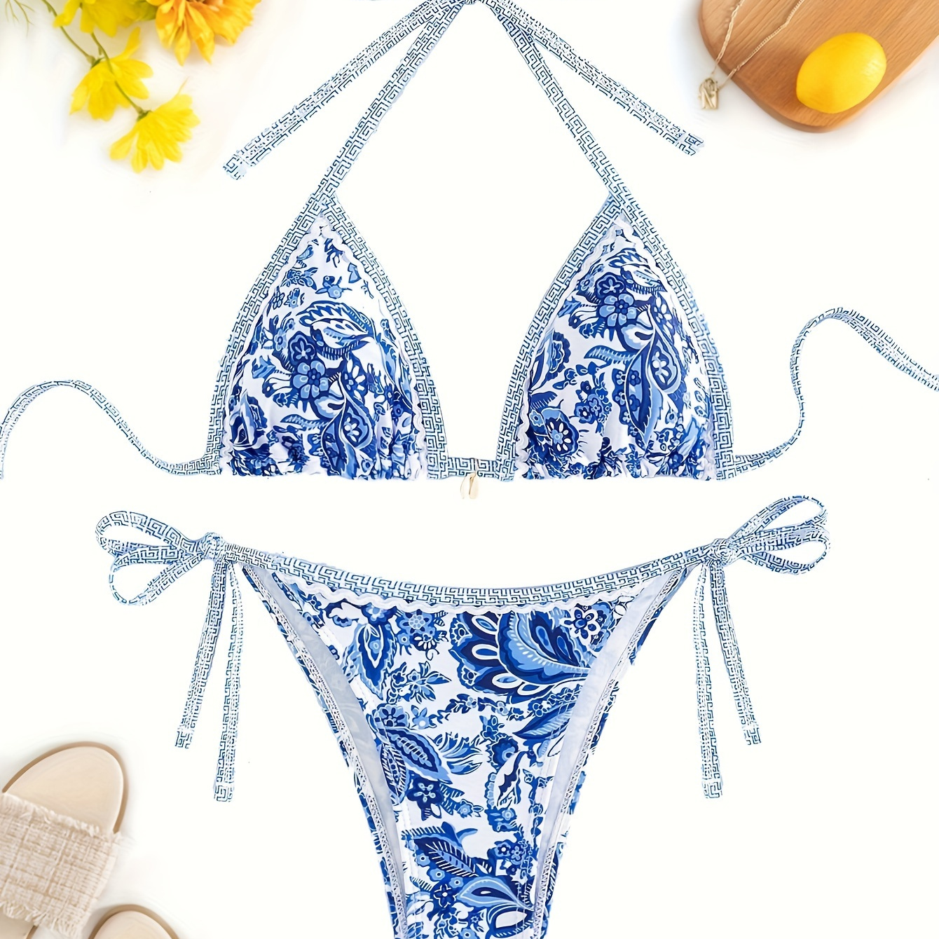 

Women's Blue And White Porcelain Print Bikini Set, Halter Neck Two-piece Swimsuit With Adjustable Ties, Summer Beachwear