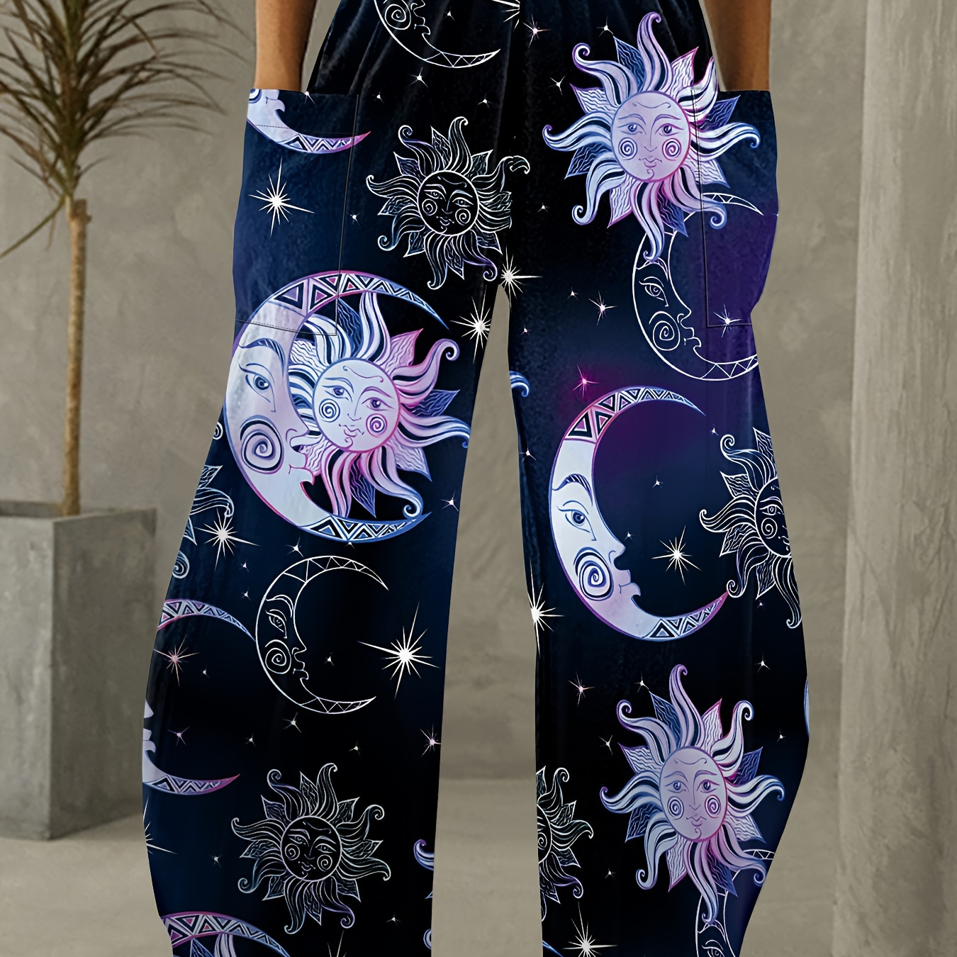 

Pantalon Large Imprimé Étoiles Et Lune, Décontracté Et Ample Avec Poches Pour Le Printemps Et L'été, Vêtements Pour Femmes