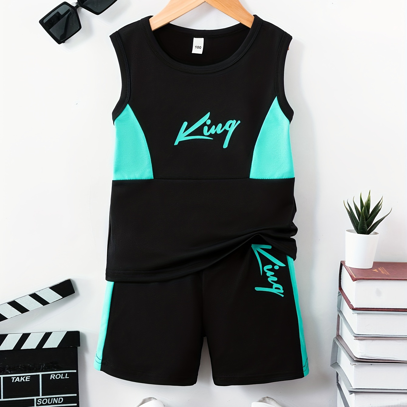 TEMU 2pcs Stylish King Letter Graphic Print Boys Creative Sleeveless Tank Tops&shorts Set, Casual Crew Neck Fitness Vest&shorts, Kids Clothing