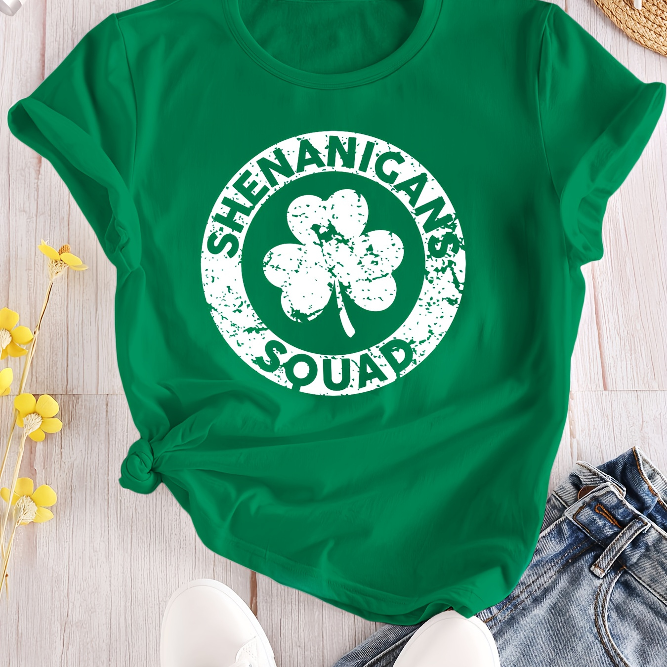 

St. Patrick's Day Lucky Print Casual Sports T-shirt, Short Sleeve Round Neck Workout Tops, Women's Activewear