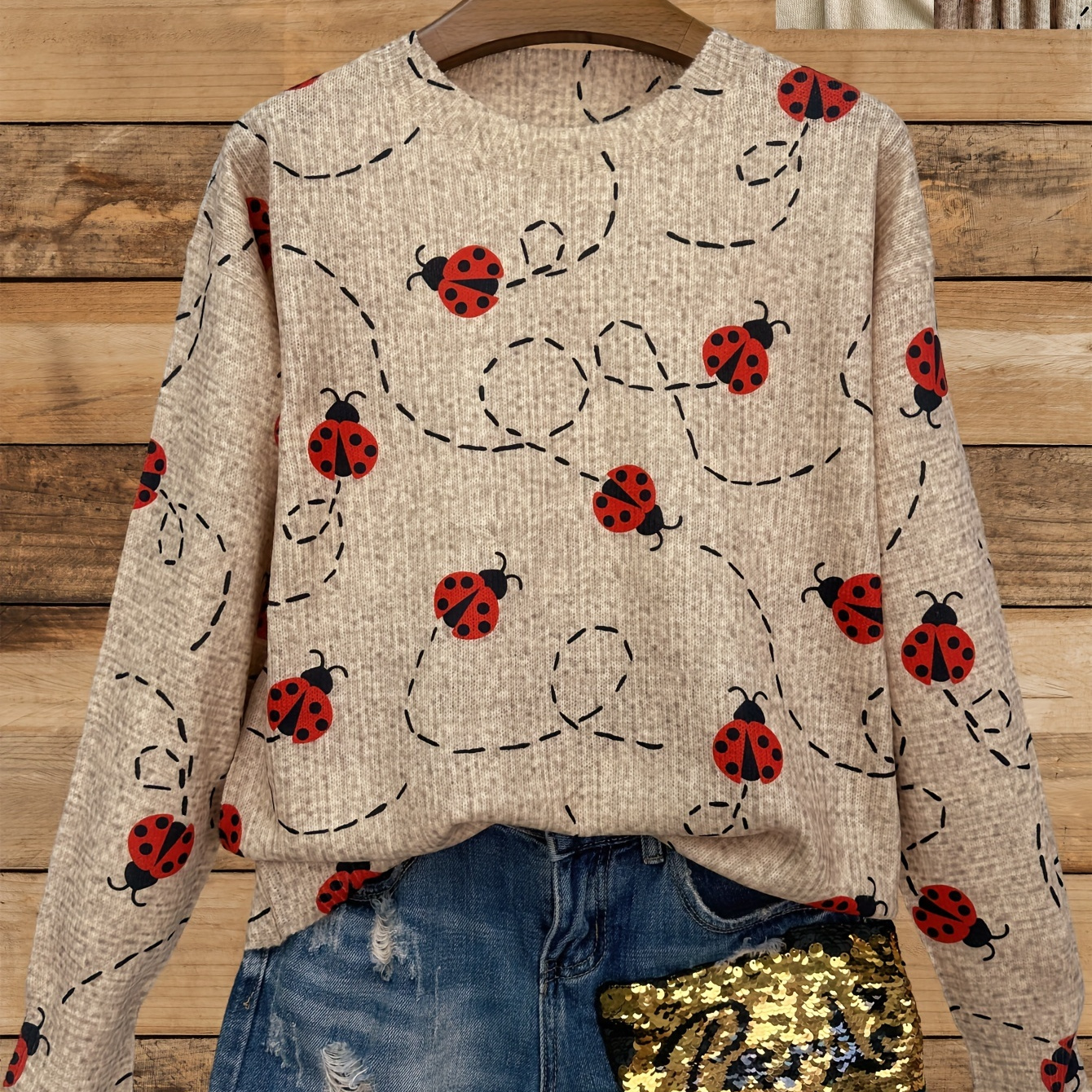 

Women's Casual Crew Neck Long Sleeve Sweater With 3d Ladybug Print, 60% Polyester 40% Spandex Knit Fabric, Slight Stretch, Regular Fit Top