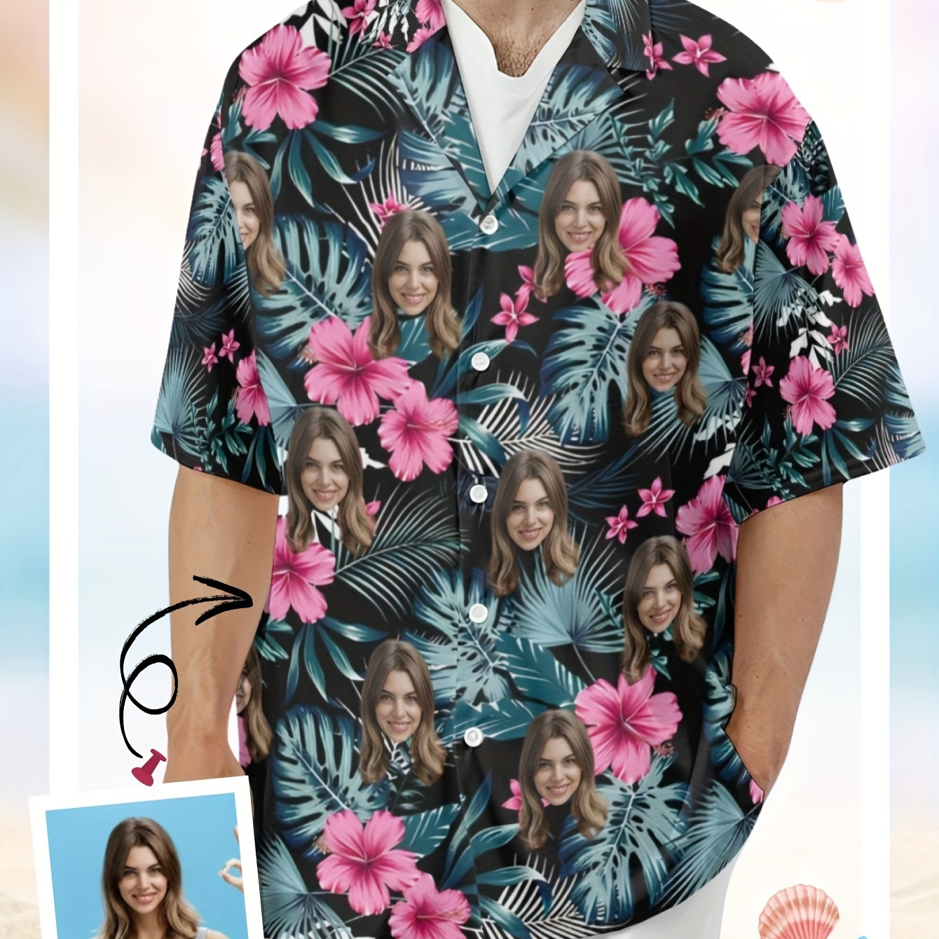 

Plus Size Custom Shirt, Men's Flowers & "your Photo" Graphic Print Short Sleeve Shirt For Summer, Trendy Casual Hawaiian Shirt