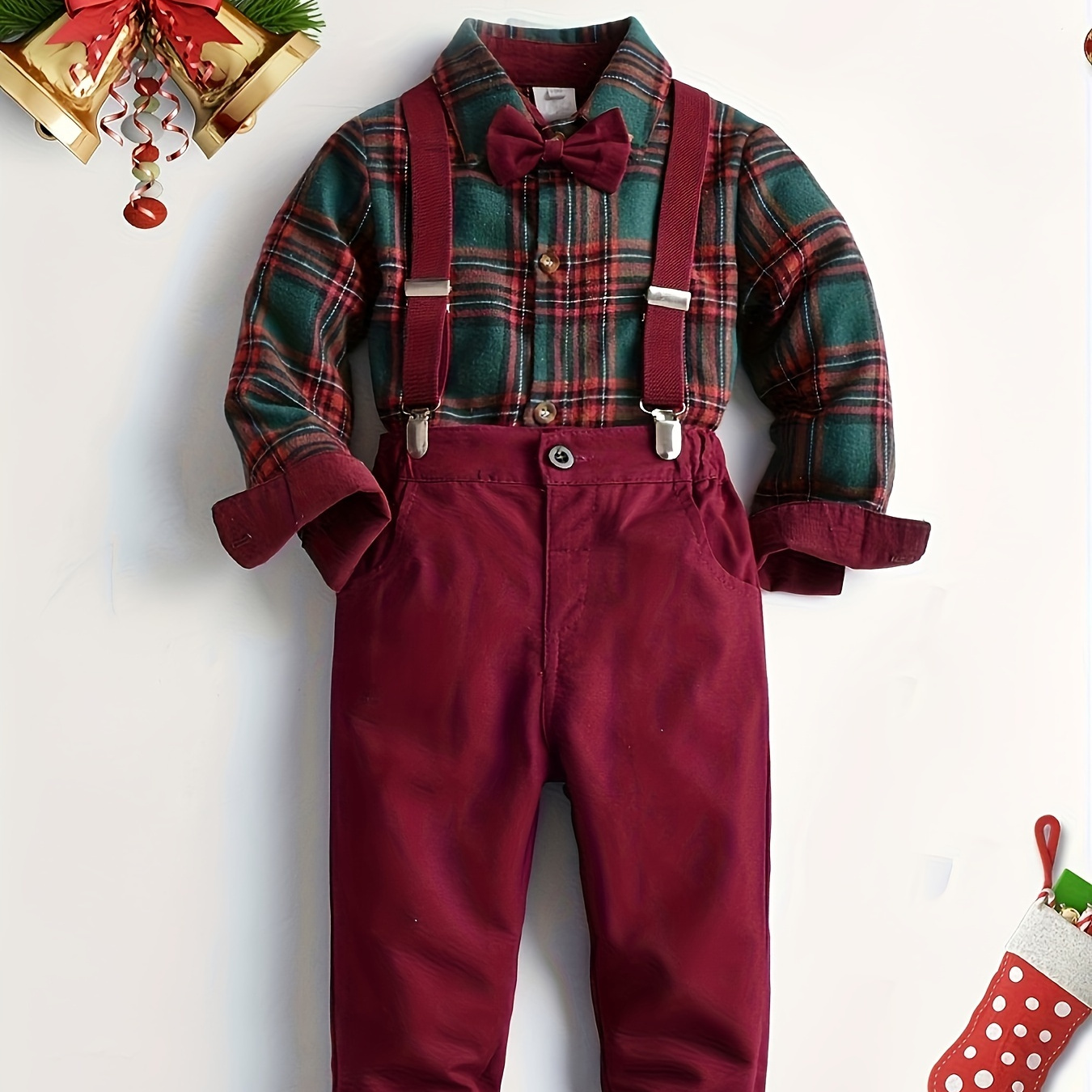 

Boy's Christmas Style Gentleman Outfit, Plaid Pattern Bowtie Shirt & Vest & Overalls Set, Formal Wear For Speech Performance Birthday Party, Kid's Clothes For Spring Fall Winter