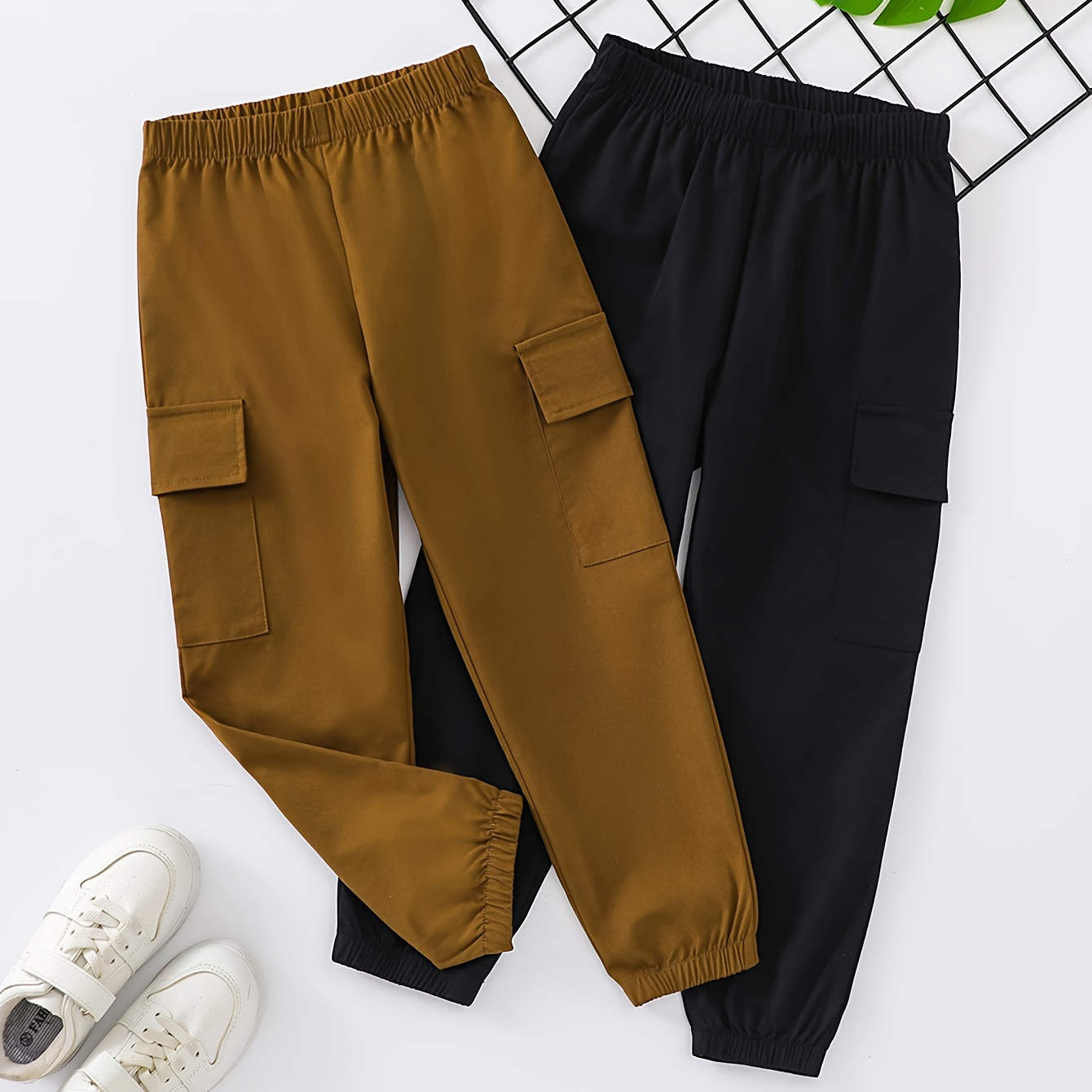 

2pcs Boy's Casual Cargo Pants, Elastic Waist Solid Comfortable Flap Pocket Loose Comfy Pants For Spring Summer Fall Outdoor
