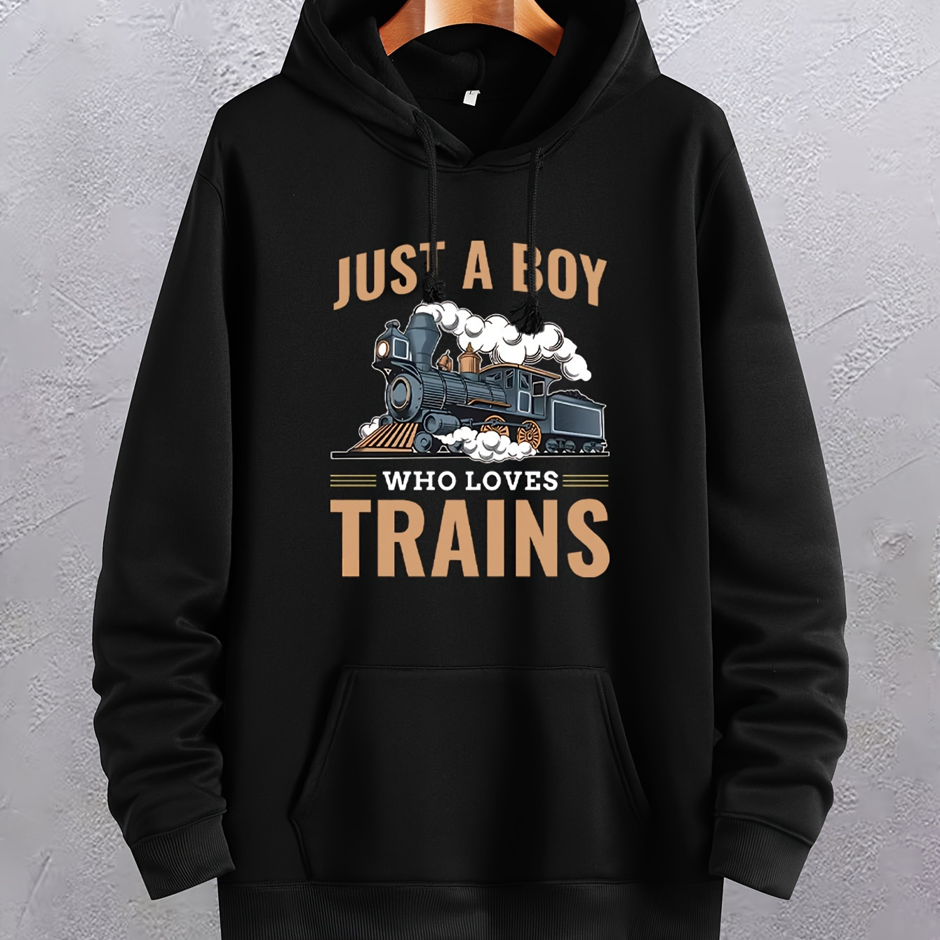 

Trains Print Hoodie, Cool Hoodies For Men, Men's Casual Pullover Hooded Sweatshirt With Kangaroo Pocket Streetwear For Winter Fall, As Gifts