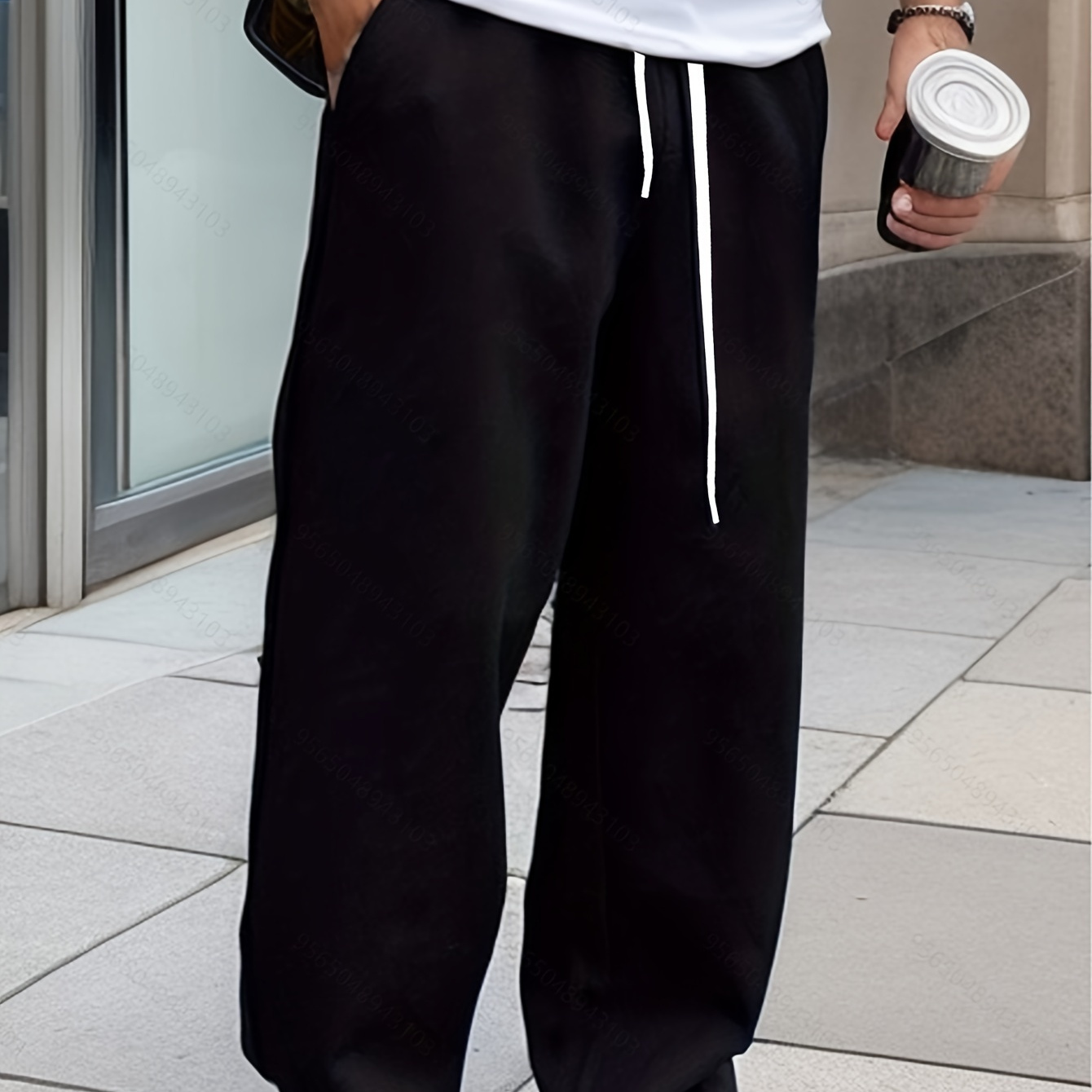 

Casual Loose Men's Solid Long Drawstring Sports Pants With Pockets, Spring Fall Outdoor