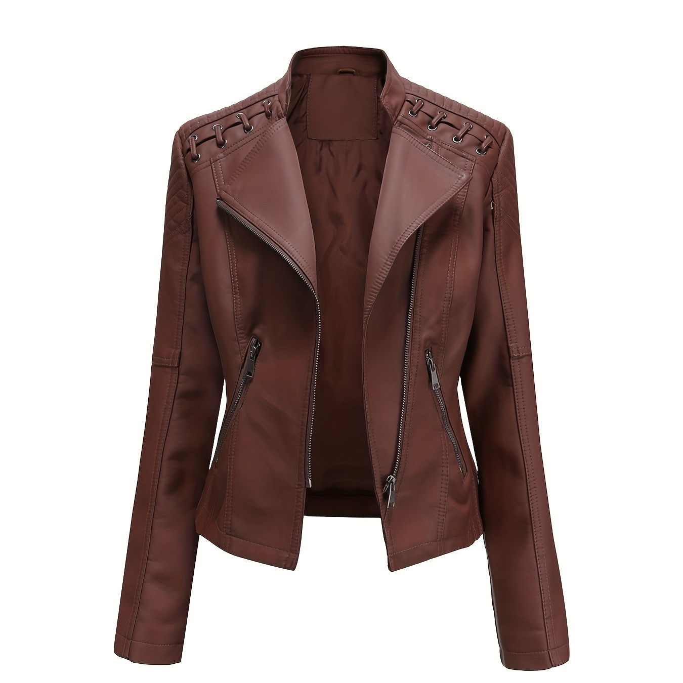 

Chic Women's Leather Jacket - Slim Fit, Lightweight For Fall/winter, Zip-up For Moto Style In Solid Colors, Autumn Winter, Leather Jacket, Women's, Motorcycle Jacket