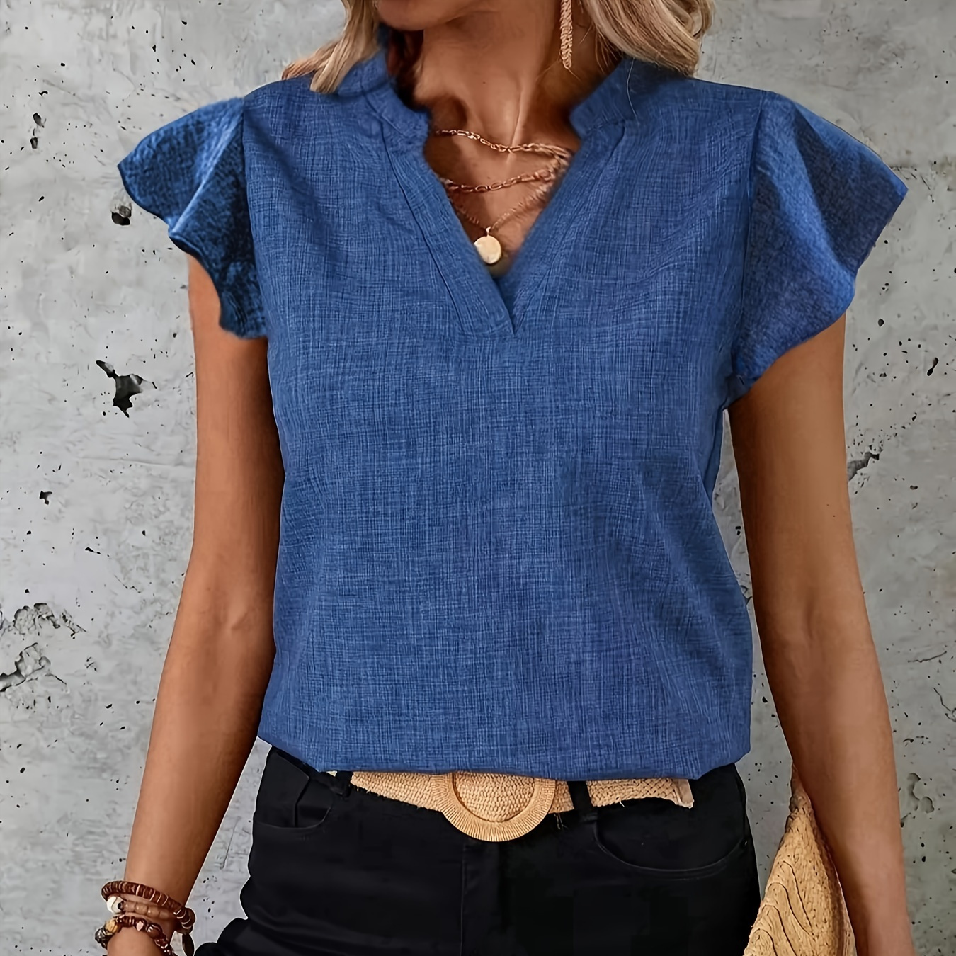 

Solid Color V-neck Blouse, Casual Ruffle Sleeve Blouse Top For Spring & Summer, Women's Clothing