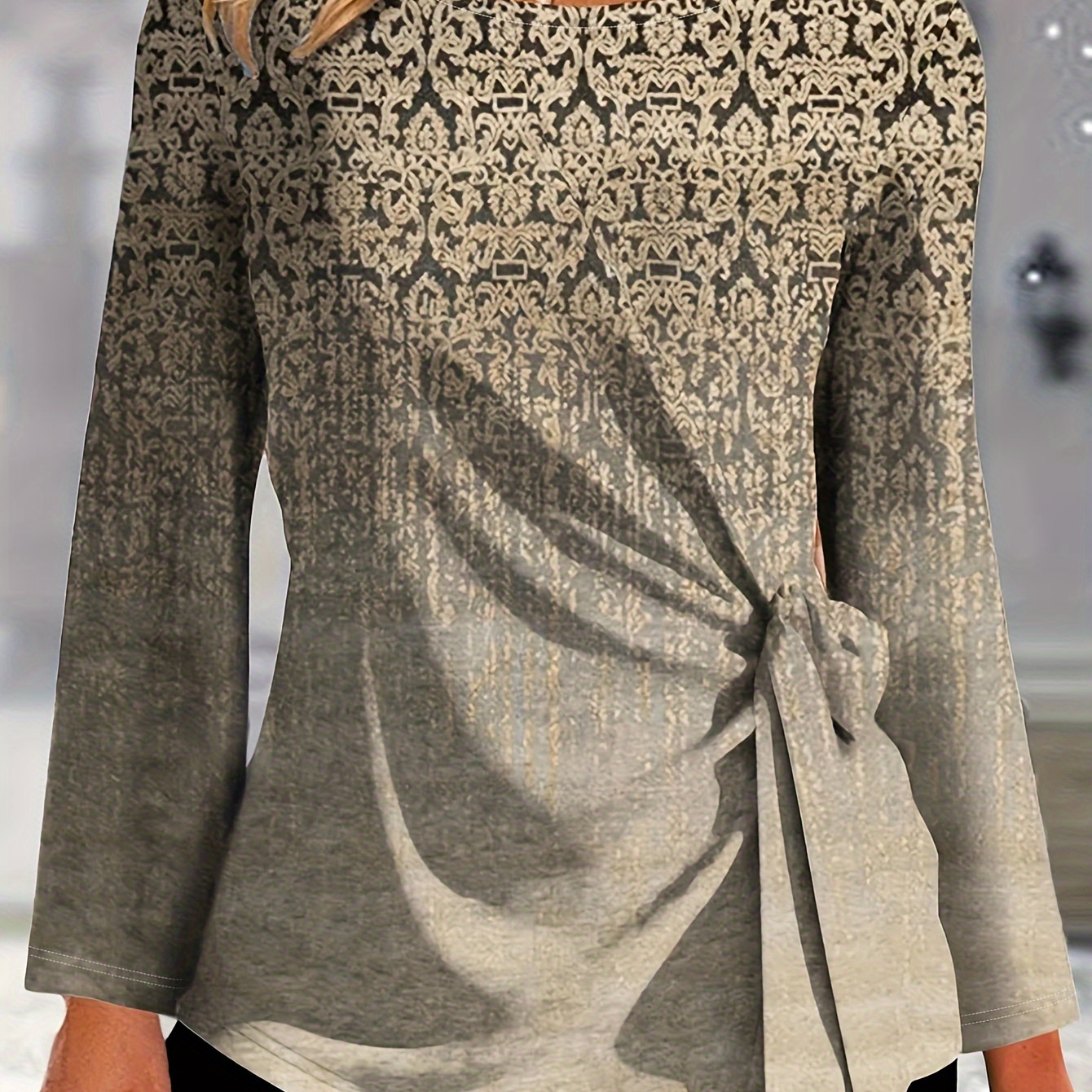

All Over Print Tie Front T-shirt, Casual Long Sleeve Top For Spring & Fall, Women's Clothing