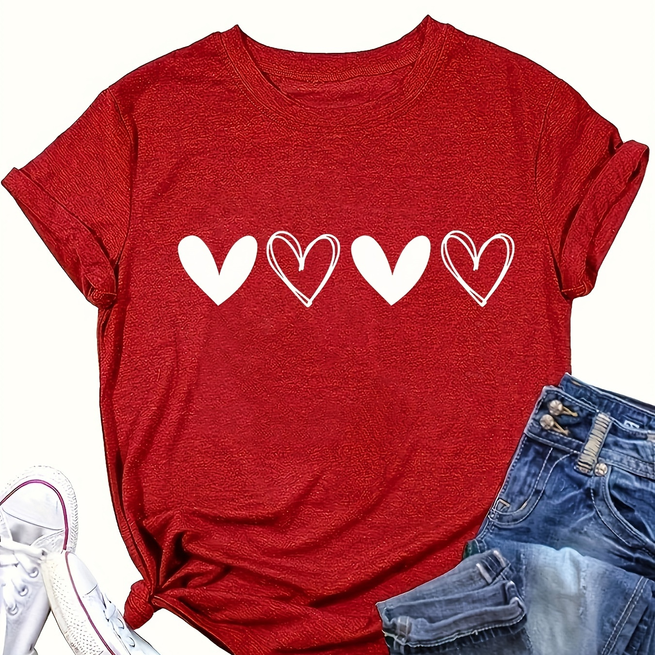 

Heart Print Crew Neck T-shirt, Cute Short Sleeve T-shirt For Spring & Summer, Women's Clothing