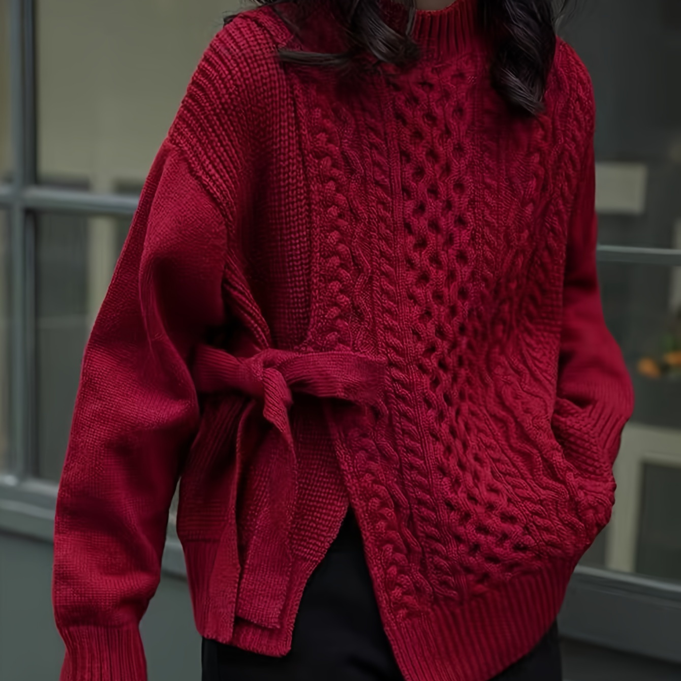 

Solid Lace Up Cable Knit Sweater, Casual Mock Neck Long Sleeve Loose Pullover Sweater, Women's Clothing