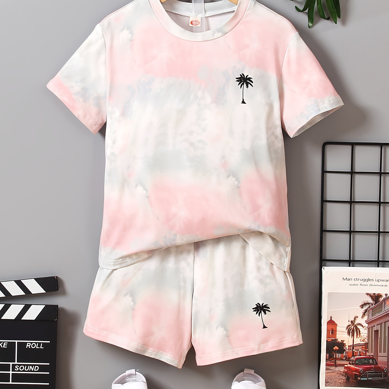 

Boys Casual Tie-dye Palm Tree Print T-shirt & Shorts Set - Summer Outfit For Boys