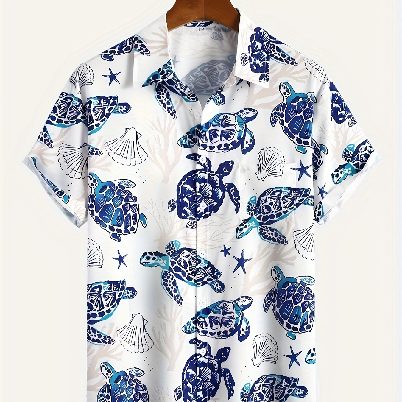 

Hawaiian Style Turtle Print Men's Short Sleeve Shirt With Chest Pocket, Men's Trendy Shirt For Summer Outdoor