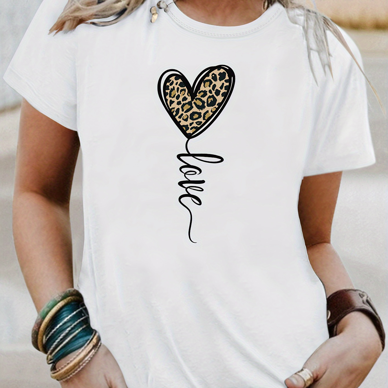 

Leopard Heart & Love Print T-shirt, Casual Crew Neck Short Sleeve Top For Spring & Summer, Women's Clothing, Valentine's Day