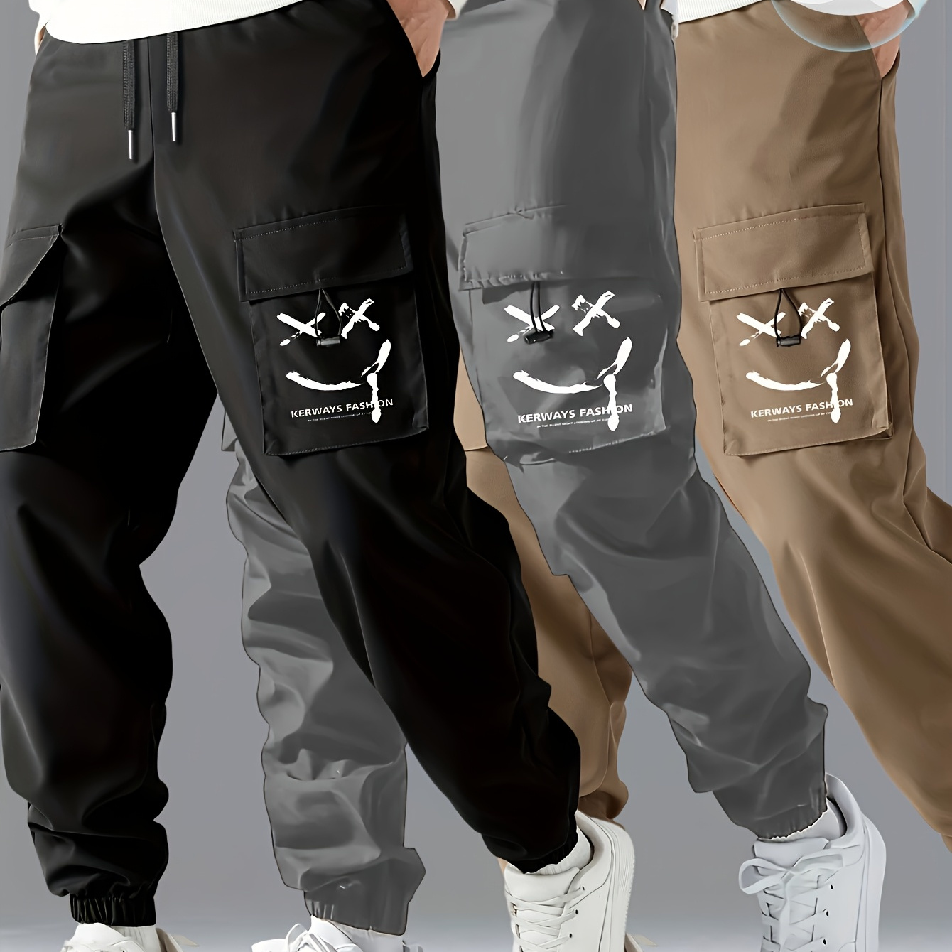 

3-pack Men's Cargo Pants, Casual Polyester Work Trousers, Solid Color, Non-stretch, Regular Length, Seasonal, With Pockets, Standard Fit, Adult, Woven Fabric