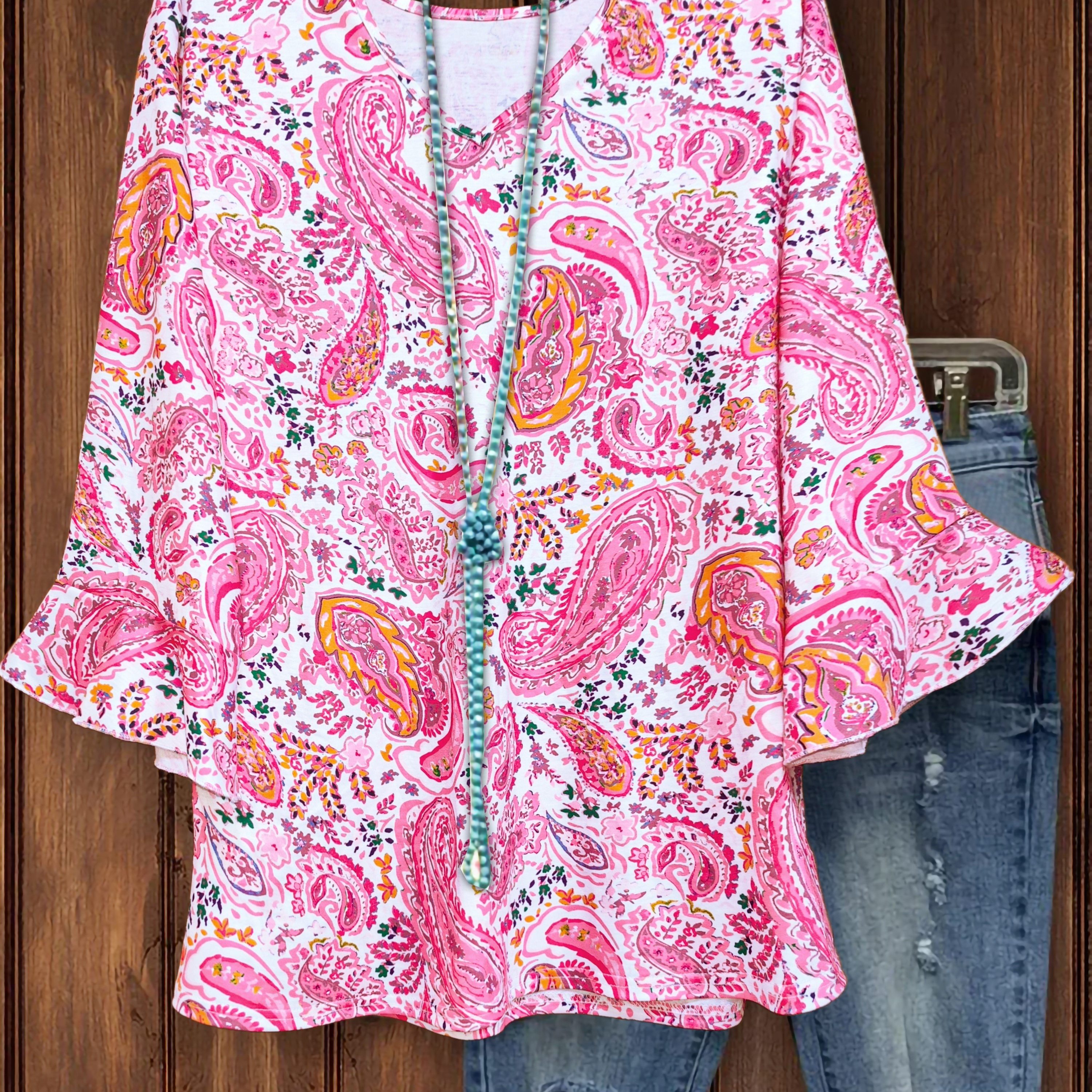 

Plus Size Paisley Print T-shirt, Casual V Neck Ruffle Sleeve T-shirt, Women's Plus Size clothing