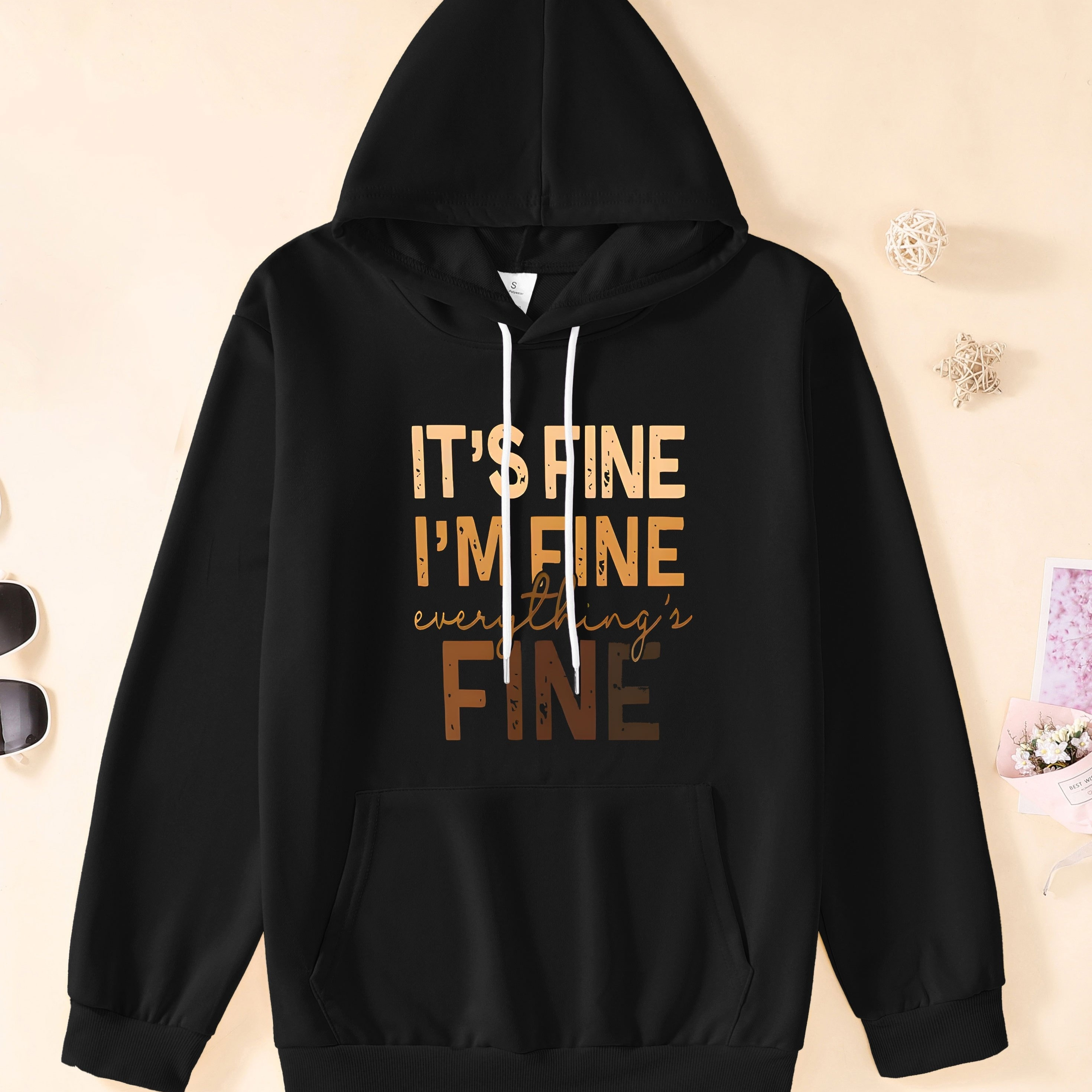 

It's Fine I'm Fine Everything's Fine Print Hoodie, Men's Casual And Creative Design Hooded Pullover, Long Sleeve Sweatshirt For Men With Kangaroo Pocket For Fall And Winter, As Gifts