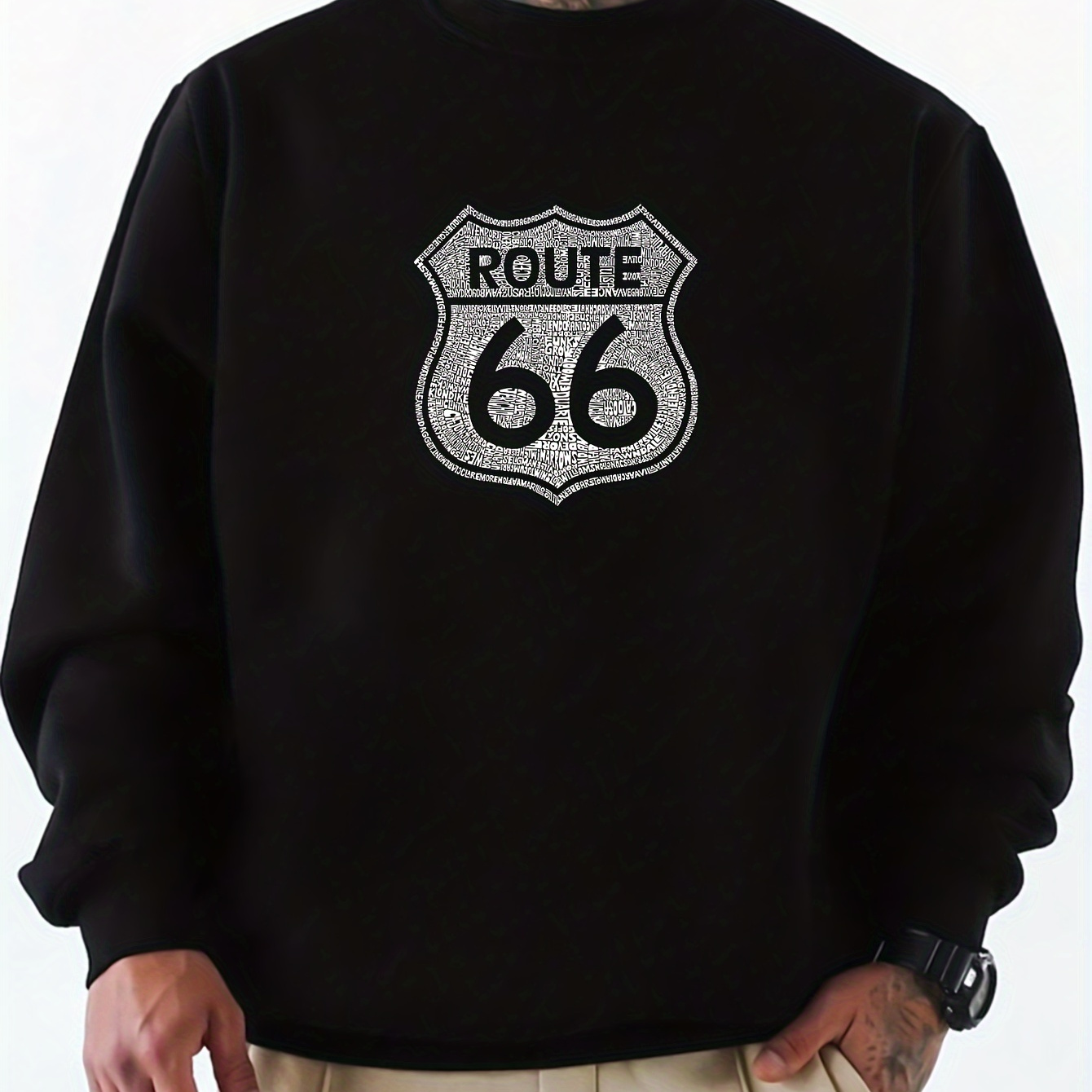 

Men's Casual Sporty Crew Neck Sweatshirt With Unique Route 66 Print - Long Sleeve, Polyester , Machine Washable